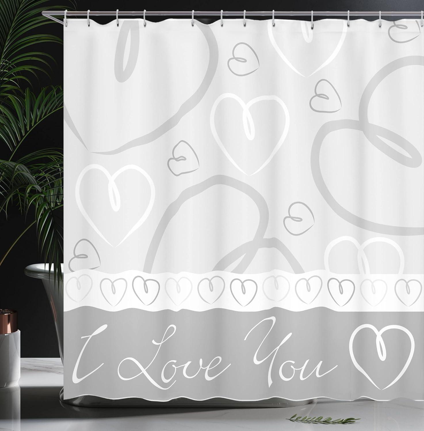 imageAmbesonne Hearts Shower Curtain Romantic Hand Drawn Doodle Heart Shapes I Love You Phrase and Border Cloth Fabric Bathroom Decor Set with Hooks 69 W x 70 L Pale Grey White Grey
