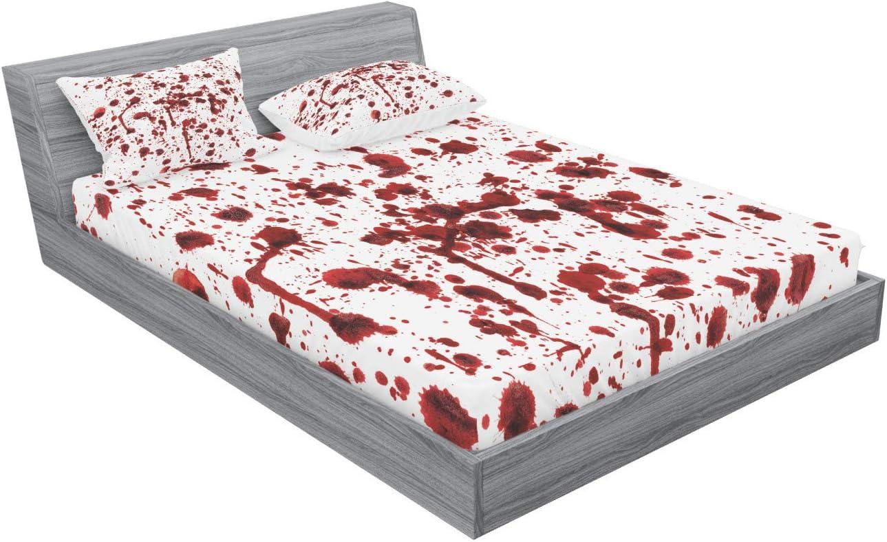 imageAmbesonne Horror Fitted Sheet amp Pillow Sham Set Splashes of Blood Scary Zombie Halloween Movie Lover Print Decorative Printed 3 Piece Bedding Set Bed Cover for Guest Bedroom Queen Scarlet White