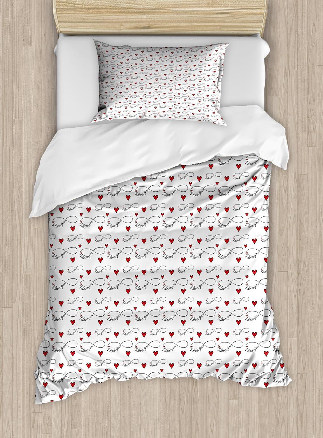imageAmbesonne I Love You Duvet Cover Set Hand Writing with Infinity Romantic Red Hearts Valentines Day Theme Decorative 3 Piece Bedding Set with 2 Pillow Shams Queen Size Red Black WhiteRed Black White