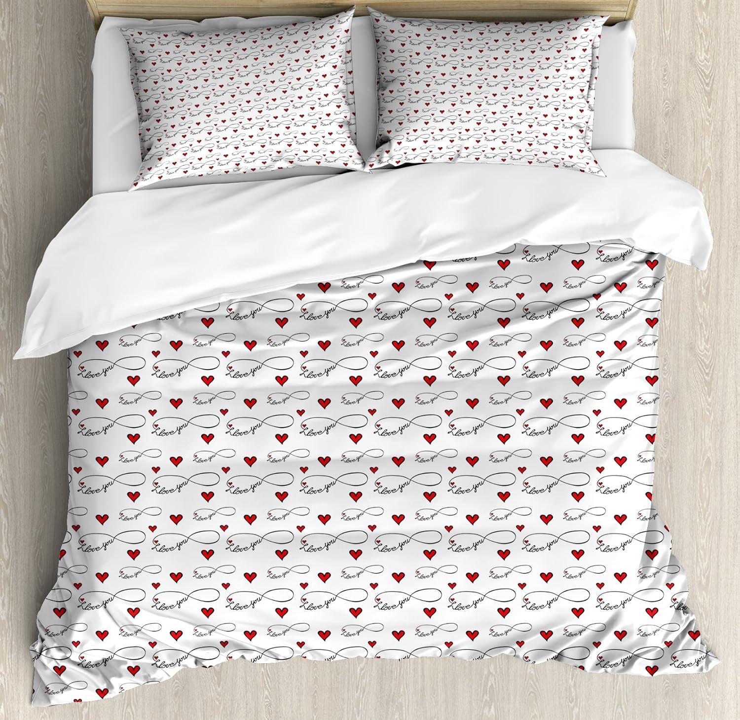 imageAmbesonne I Love You Duvet Cover Set Hand Writing with Infinity Romantic Red Hearts Valentines Day Theme Decorative 3 Piece Bedding Set with 2 Pillow Shams Queen Size Red Black WhiteRed Black White
