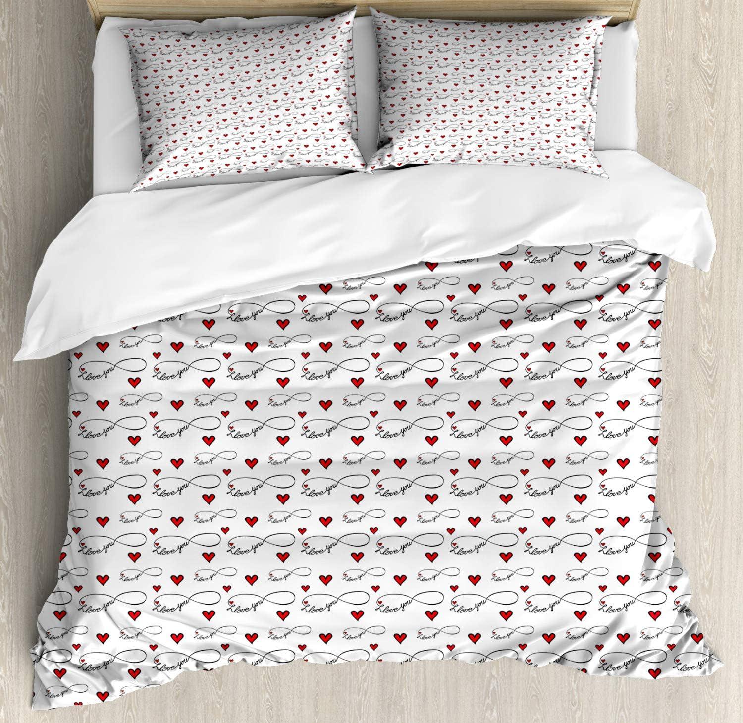 imageAmbesonne I Love You Duvet Cover Set Hand Writing with Infinity Romantic Red Hearts Valentines Day Theme Decorative 3 Piece Bedding Set with 2 Pillow Shams Queen Size Red Black WhiteRed Black White