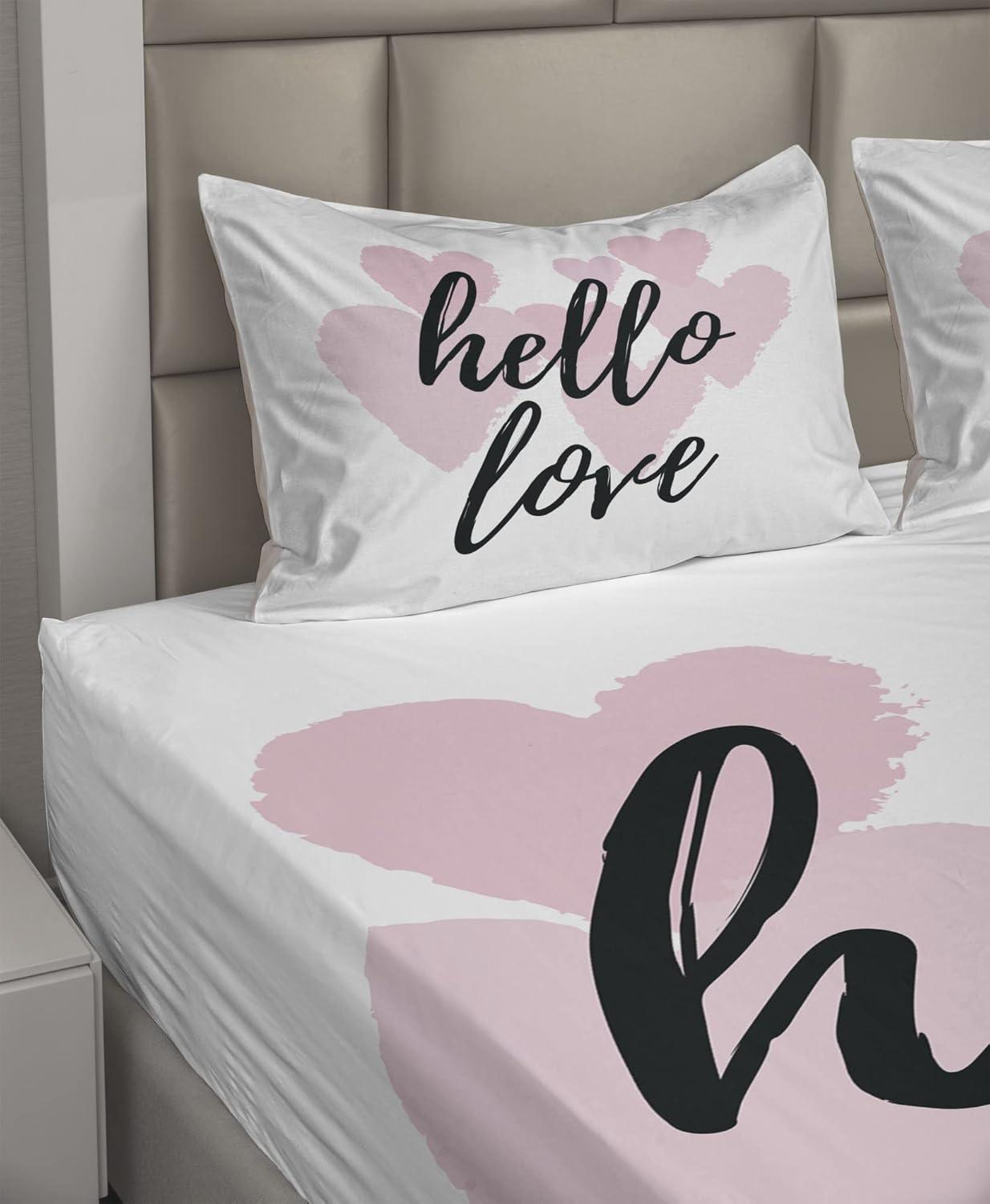 imageAmbesonne I Love You More Sheet Set Pink Rats with Tangled Tails Forming a Heart Valentines Fitted and Flat Sheet with Pillowcases Bedding Accent 4 Piece Set Full Pale Pink Cocoa YellowBlack and Rose