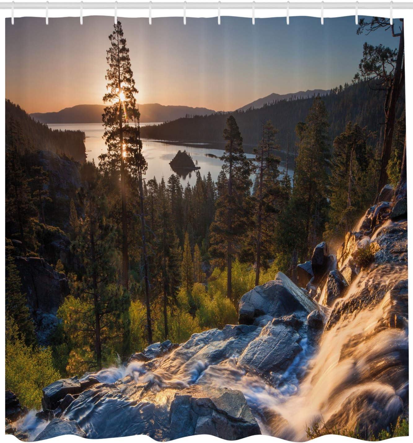 imageAmbesonne Lake Tahoe Shower Curtain Idyllic American Landscape Waterfall into The Forest Traveling Theme Romantic Cloth Fabric Bathroom Decor Set with Hooks 69 W x 75 L Multicolor