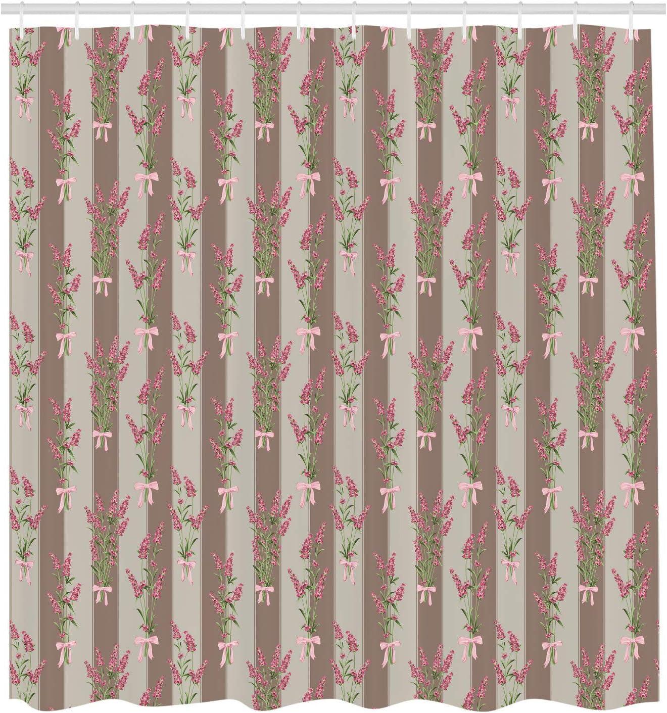 imageAmbesonne Lavender Shower Curtain Stripes and Flowers Ribbons Romantic Country Spring Season Inspired Design Art Cloth Fabric Bathroom Decor Set with Hooks 70 Long Mauve CreamWarm Taupe