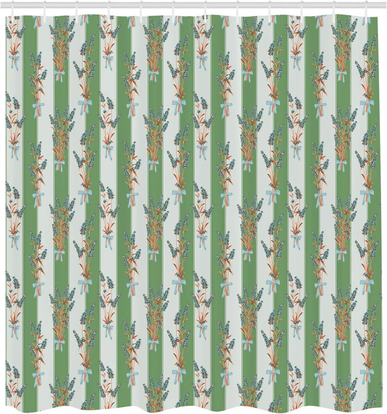 imageAmbesonne Lavender Shower Curtain Stripes and Flowers Ribbons Romantic Country Spring Season Inspired Design Art Cloth Fabric Bathroom Decor Set with Hooks 70 Long Mauve CreamFern Green
