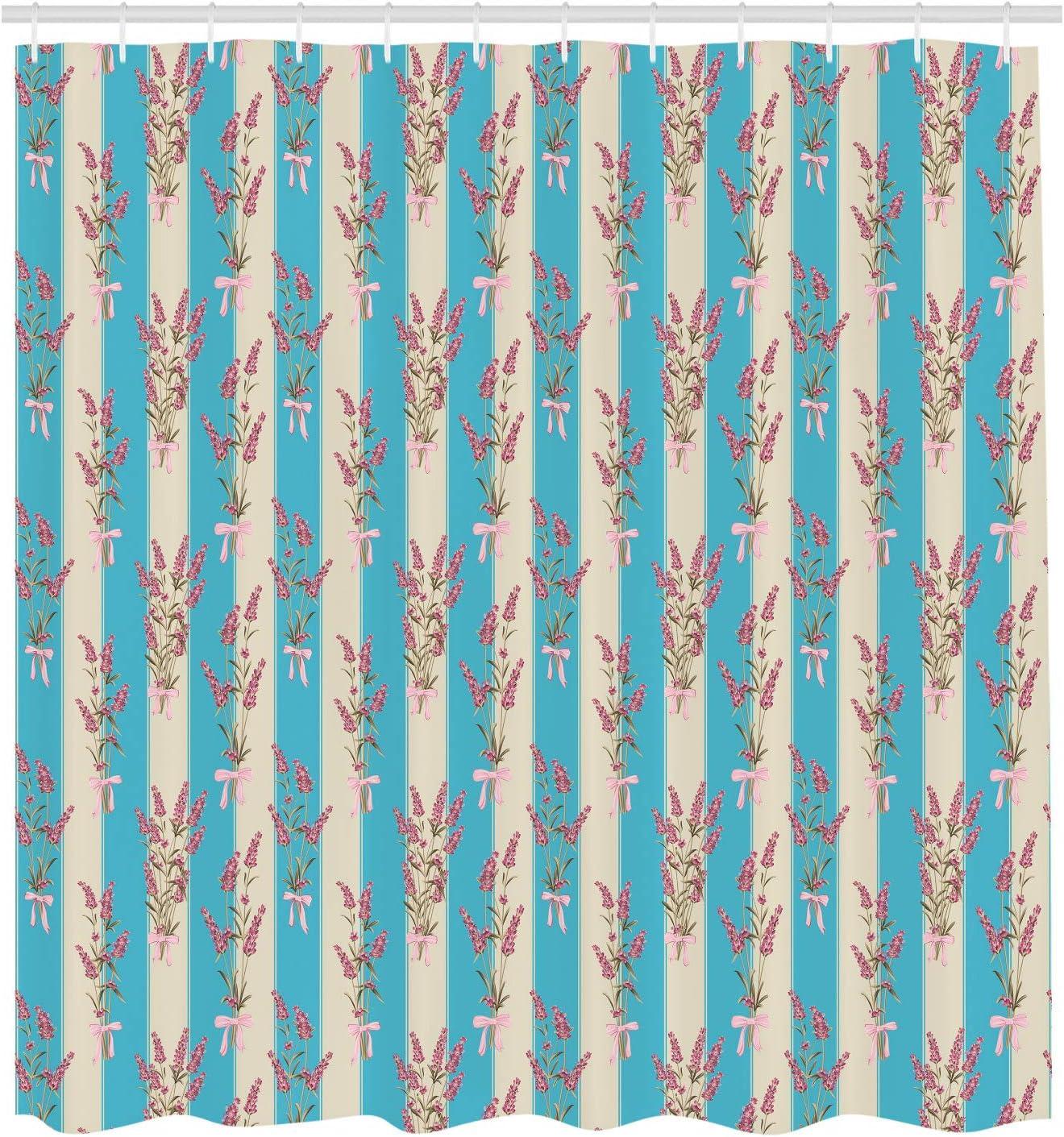 imageAmbesonne Lavender Shower Curtain Stripes and Flowers Ribbons Romantic Country Spring Season Inspired Design Art Cloth Fabric Bathroom Decor Set with Hooks 70 Long Mauve CreamSky Blue
