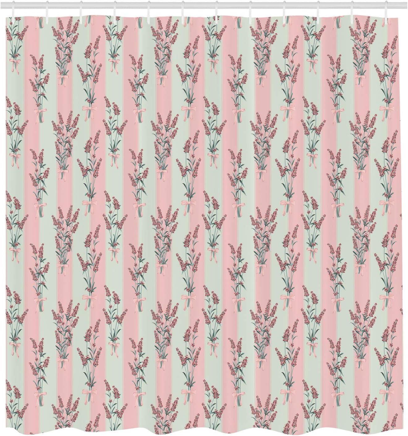 imageAmbesonne Lavender Shower Curtain Stripes and Flowers Ribbons Romantic Country Spring Season Inspired Design Art Cloth Fabric Bathroom Decor Set with Hooks 70 Long Mauve CreamRose Green