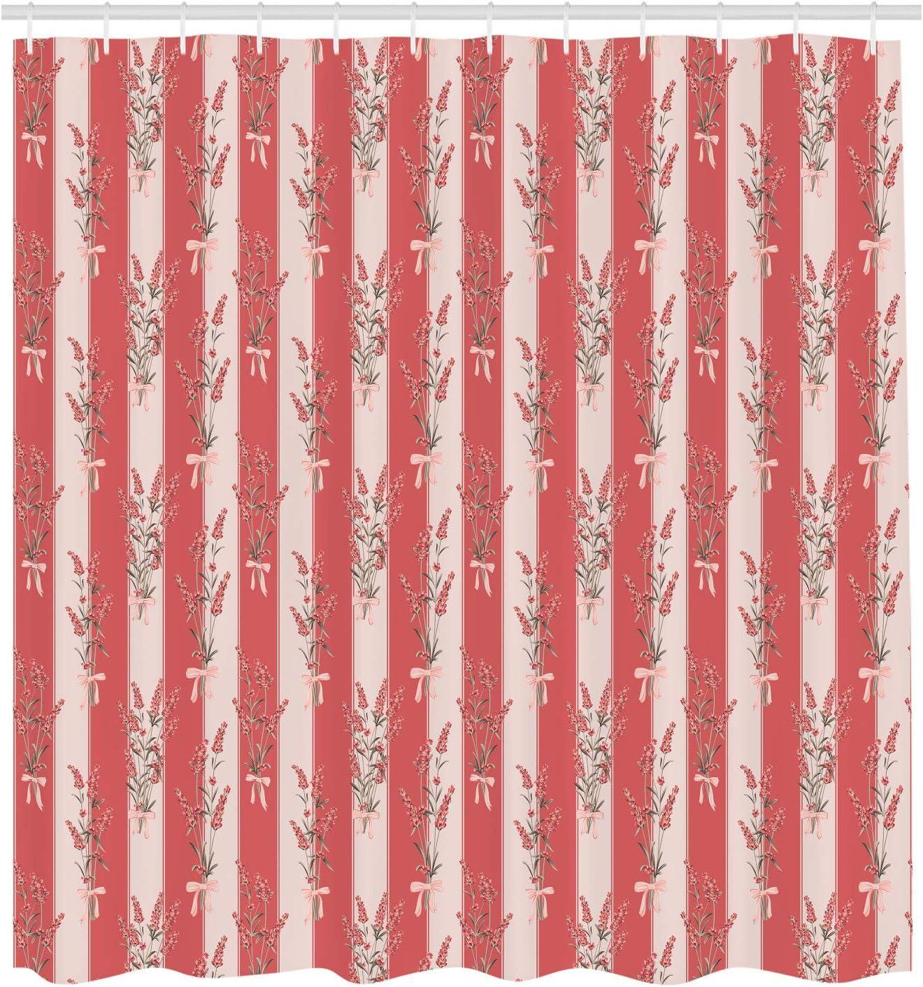imageAmbesonne Lavender Shower Curtain Stripes and Flowers Ribbons Romantic Country Spring Season Inspired Design Art Cloth Fabric Bathroom Decor Set with Hooks 70 Long Mauve CreamDark Coral