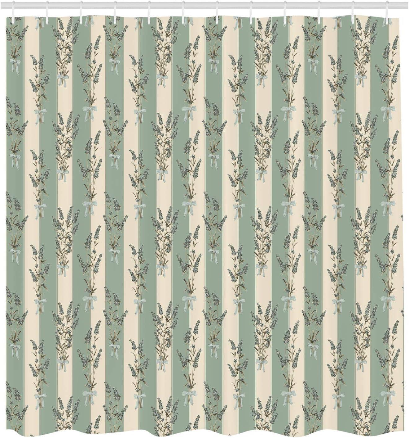 imageAmbesonne Lavender Shower Curtain Stripes and Flowers Ribbons Romantic Country Spring Season Inspired Design Art Cloth Fabric Bathroom Decor Set with Hooks 70 Long Mauve CreamAlmond Green