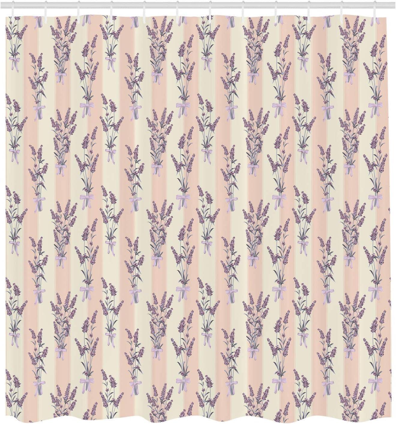imageAmbesonne Lavender Shower Curtain Stripes and Flowers Ribbons Romantic Country Spring Season Inspired Design Art Cloth Fabric Bathroom Decor Set with Hooks 70 Long Mauve CreamMauve Cream
