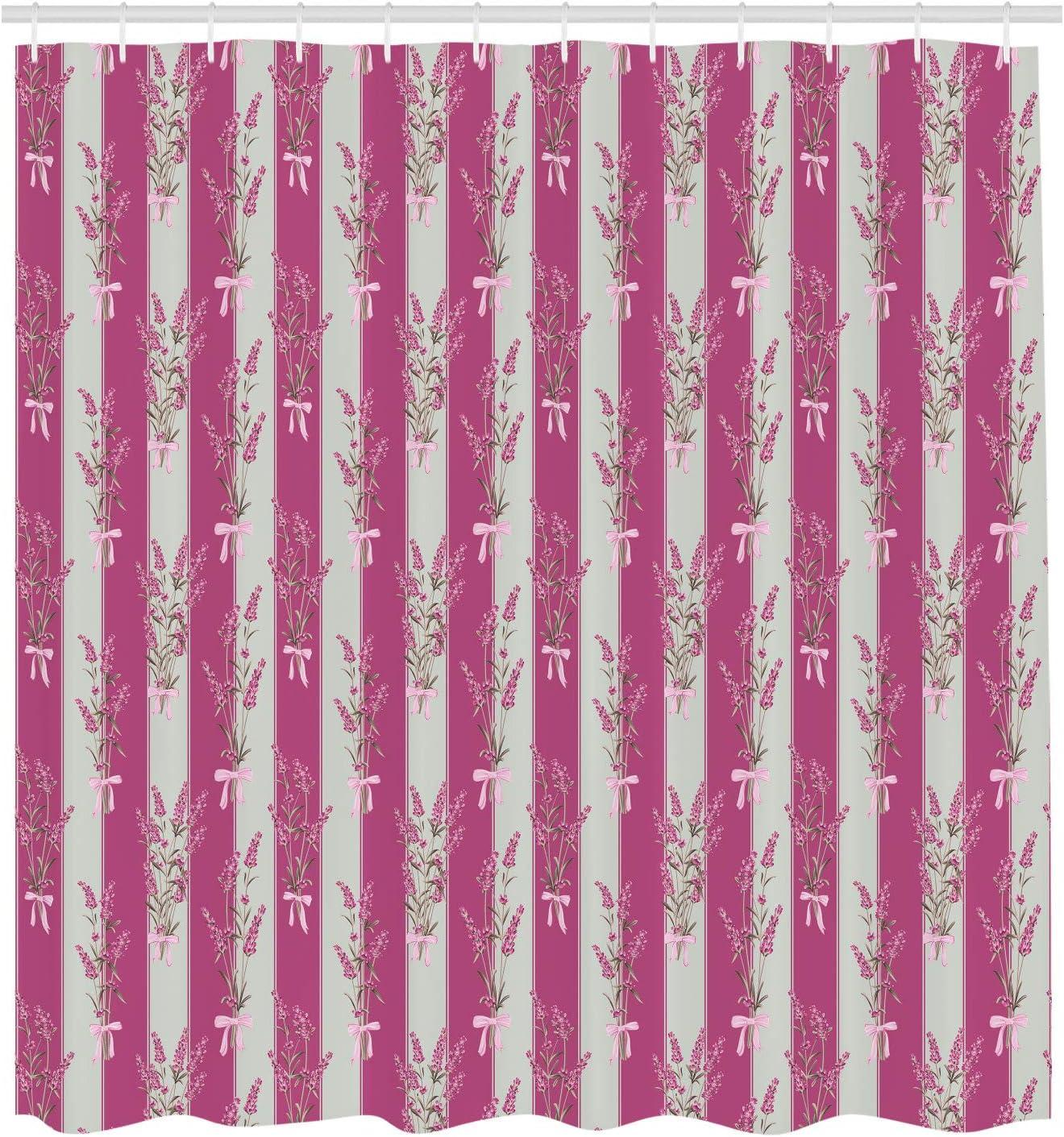 imageAmbesonne Lavender Shower Curtain Stripes and Flowers Ribbons Romantic Country Spring Season Inspired Design Art Cloth Fabric Bathroom Decor Set with Hooks 70 Long Mauve CreamMagenta Rose