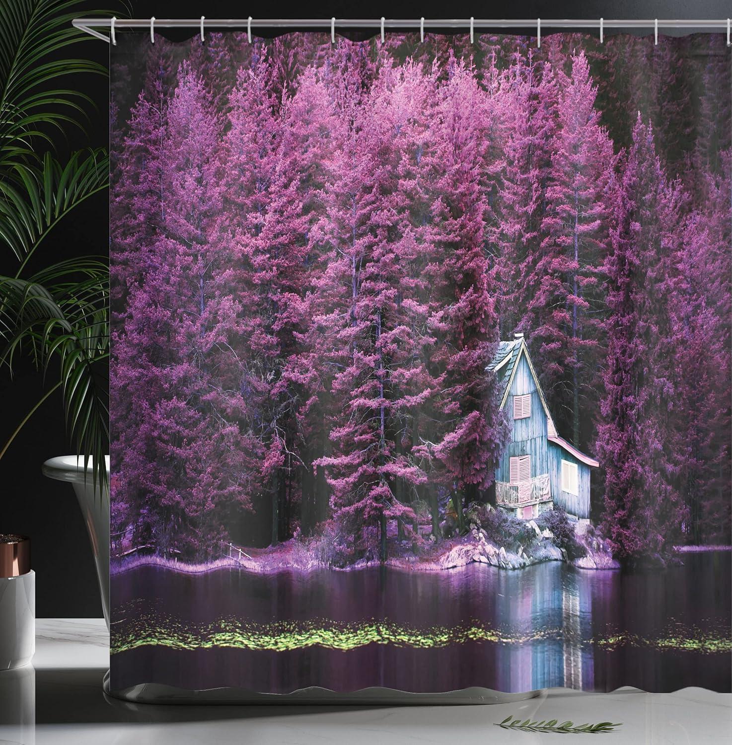 imageAmbesonne Lavender Shower Curtain Trees by a Lake Blue Wooden Rustic Lakehouse Lodge Romantic Spring Nature Theme Cloth Fabric Bathroom Decor Set with Hooks 69 W x 70 L Purple Maroon