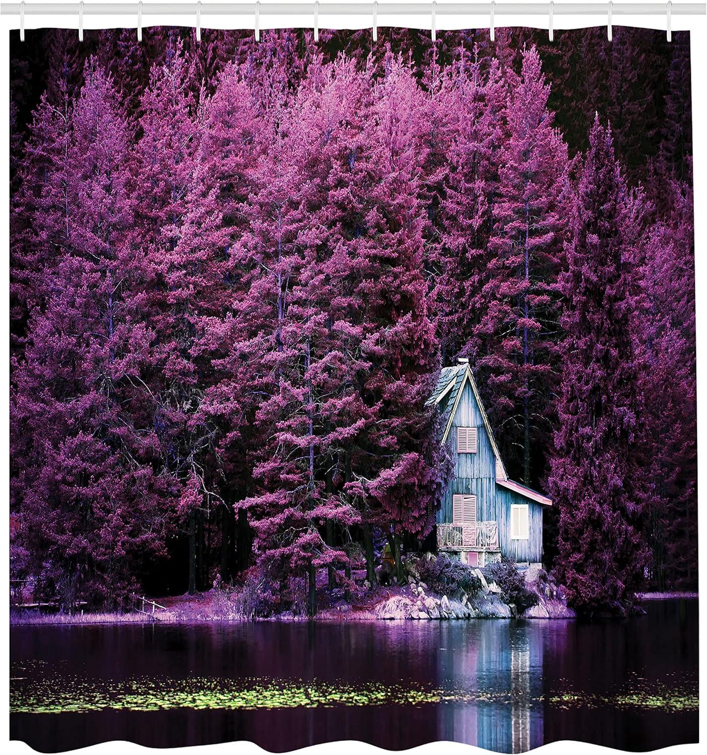 imageAmbesonne Lavender Shower Curtain Trees by a Lake Blue Wooden Rustic Lakehouse Lodge Romantic Spring Nature Theme Cloth Fabric Bathroom Decor Set with Hooks 69 W x 70 L Purple Maroon