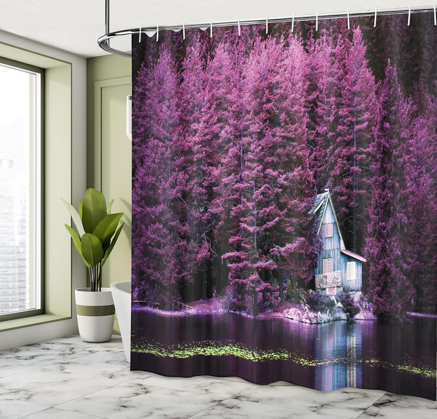 imageAmbesonne Lavender Shower Curtain Trees by a Lake Blue Wooden Rustic Lakehouse Lodge Romantic Spring Nature Theme Cloth Fabric Bathroom Decor Set with Hooks 69 W x 70 L Purple Maroon