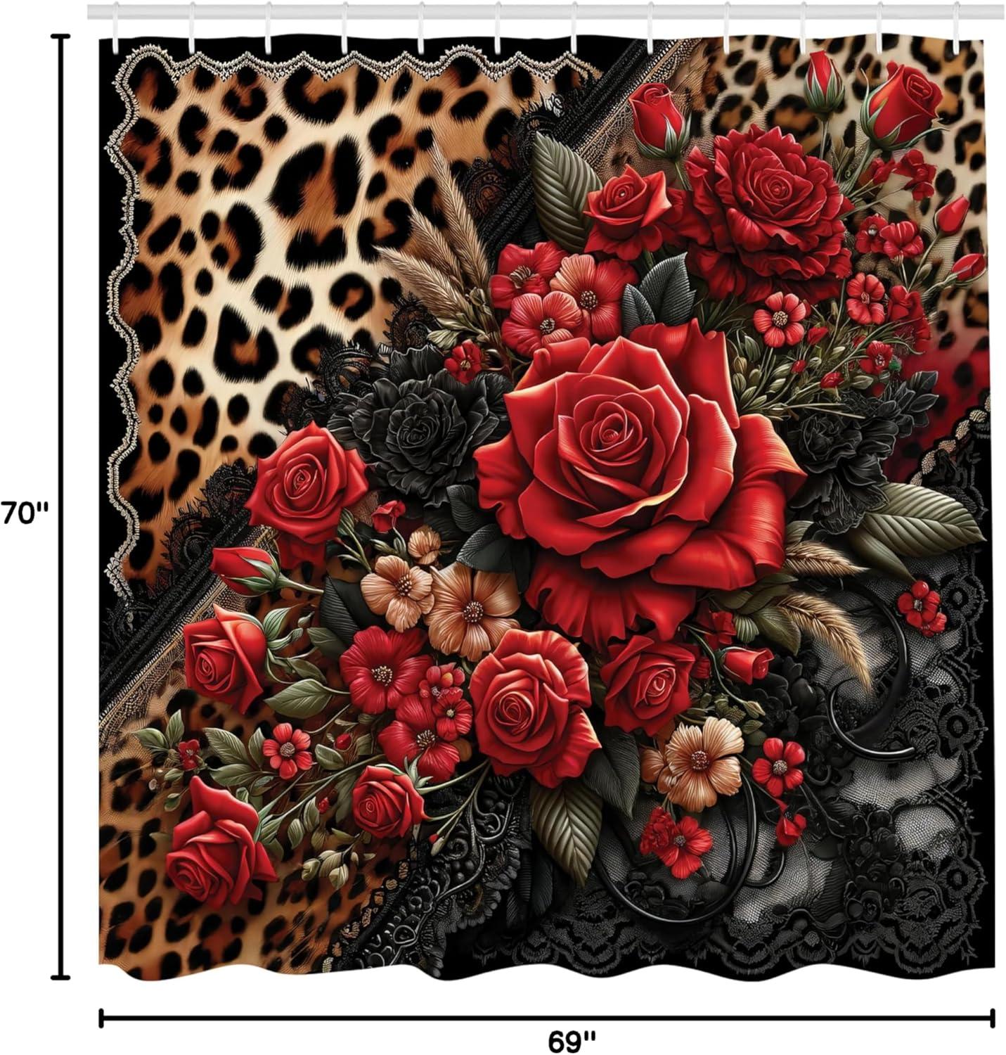 imageAmbesonne Leopard Print Shower Curtain Romantic Roses Classic Lace Motifs Wild Animal Skin Pattern Cloth Fabric Bathroom Decor Set with Hooks 69 W x 70 L Red Sand Brown and Dark Grey