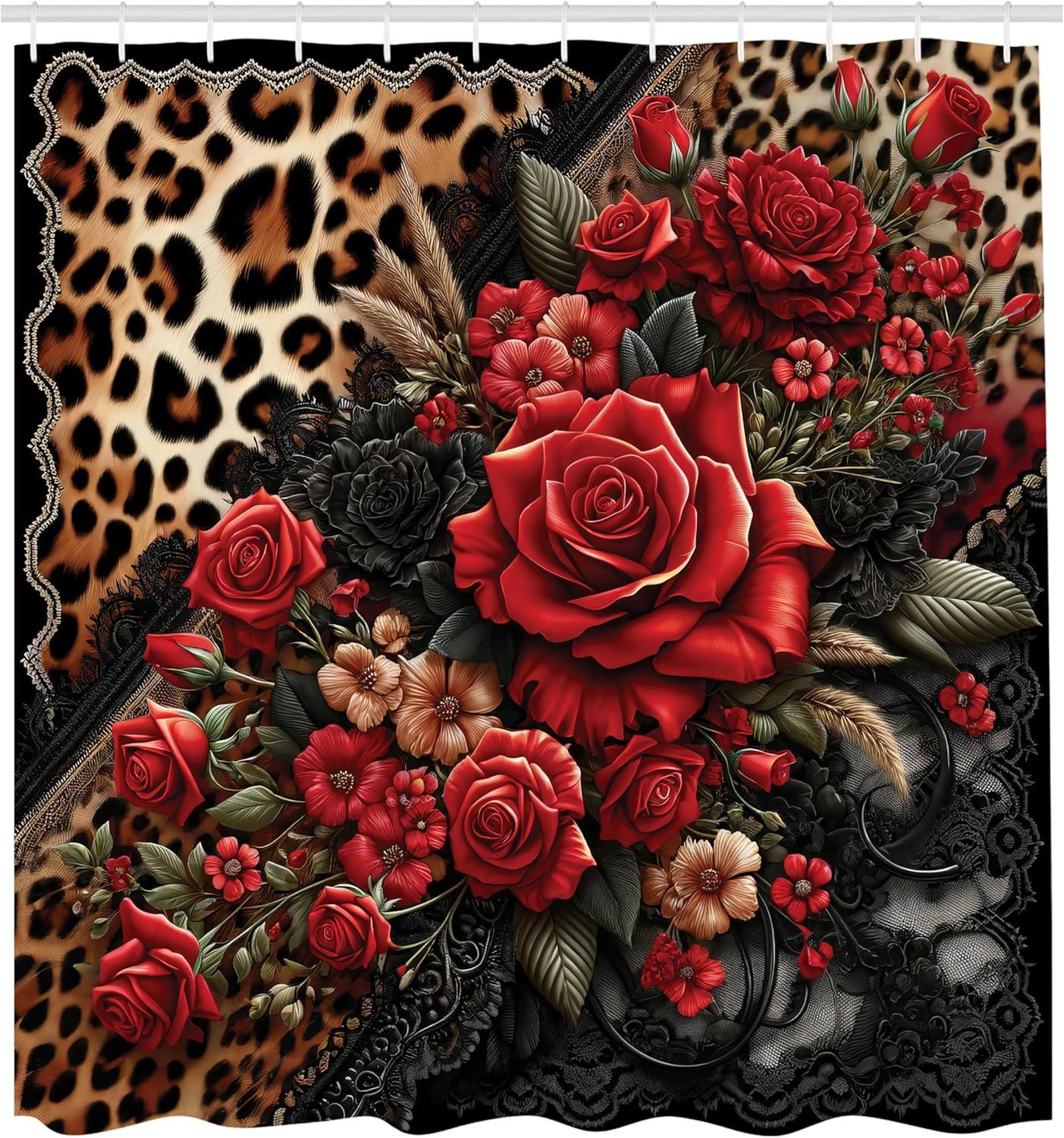 imageAmbesonne Leopard Print Shower Curtain Romantic Roses Classic Lace Motifs Wild Animal Skin Pattern Cloth Fabric Bathroom Decor Set with Hooks 69 W x 70 L Red Sand Brown and Dark Grey