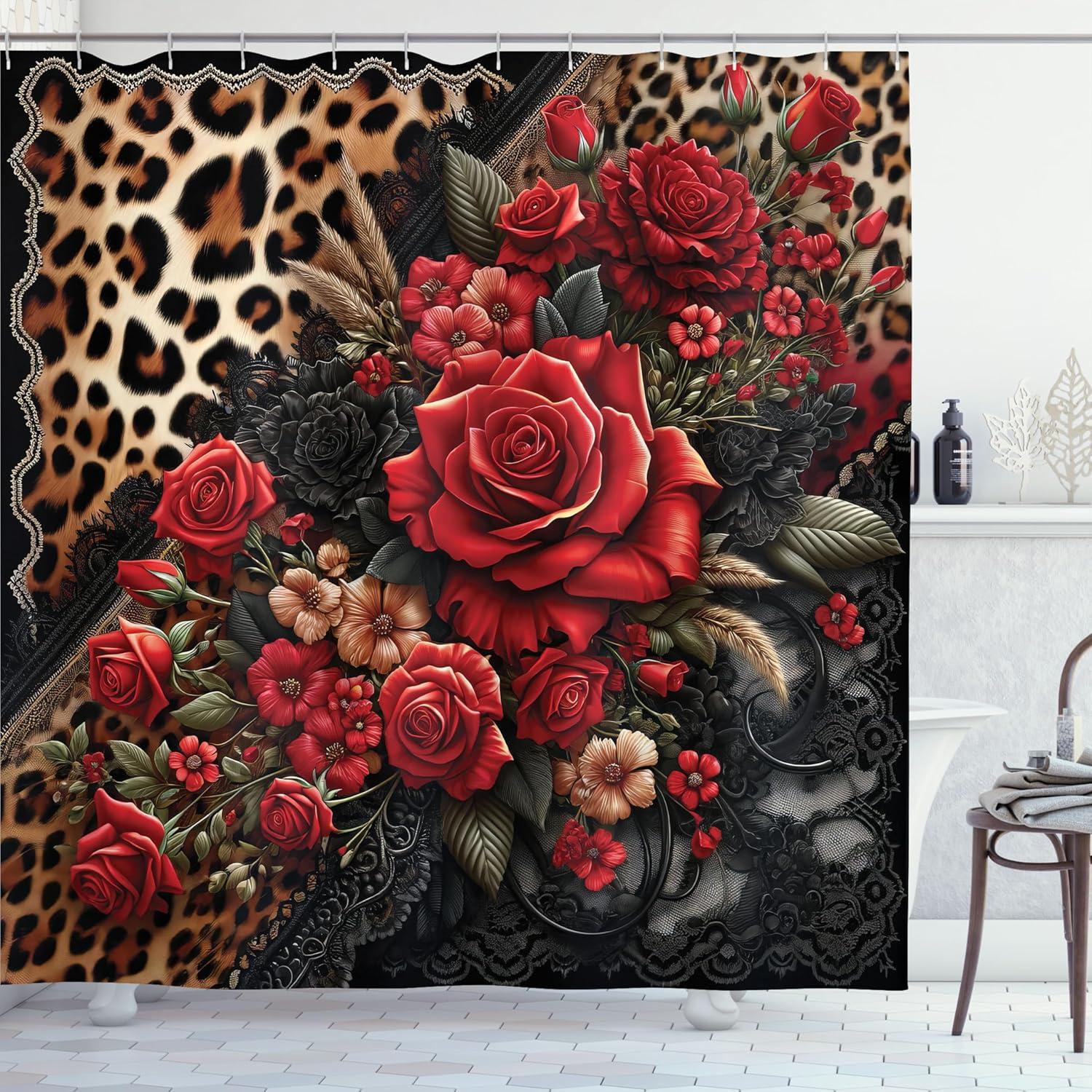 imageAmbesonne Leopard Print Shower Curtain Romantic Roses Classic Lace Motifs Wild Animal Skin Pattern Cloth Fabric Bathroom Decor Set with Hooks 69 W x 70 L Red Sand Brown and Dark Grey