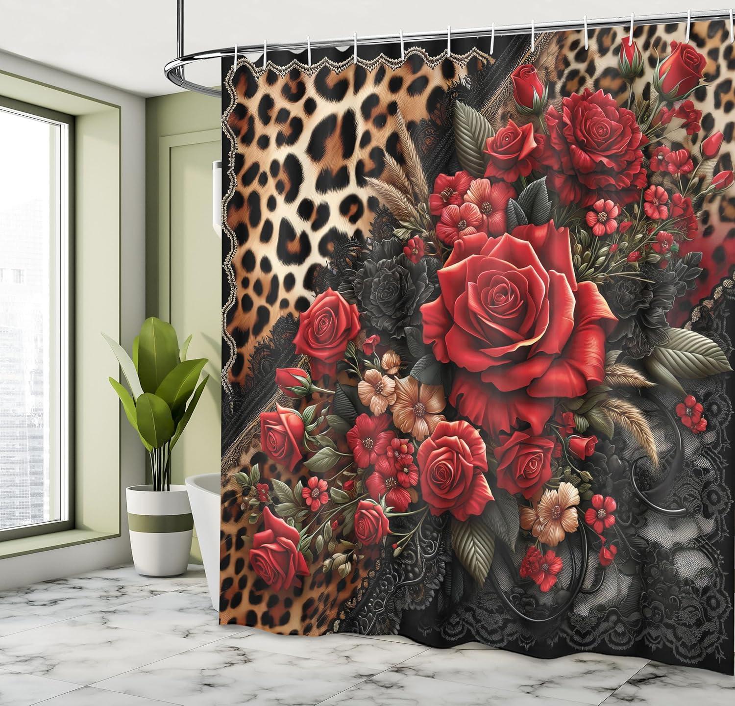 imageAmbesonne Leopard Print Shower Curtain Romantic Roses Classic Lace Motifs Wild Animal Skin Pattern Cloth Fabric Bathroom Decor Set with Hooks 69 W x 70 L Red Sand Brown and Dark Grey