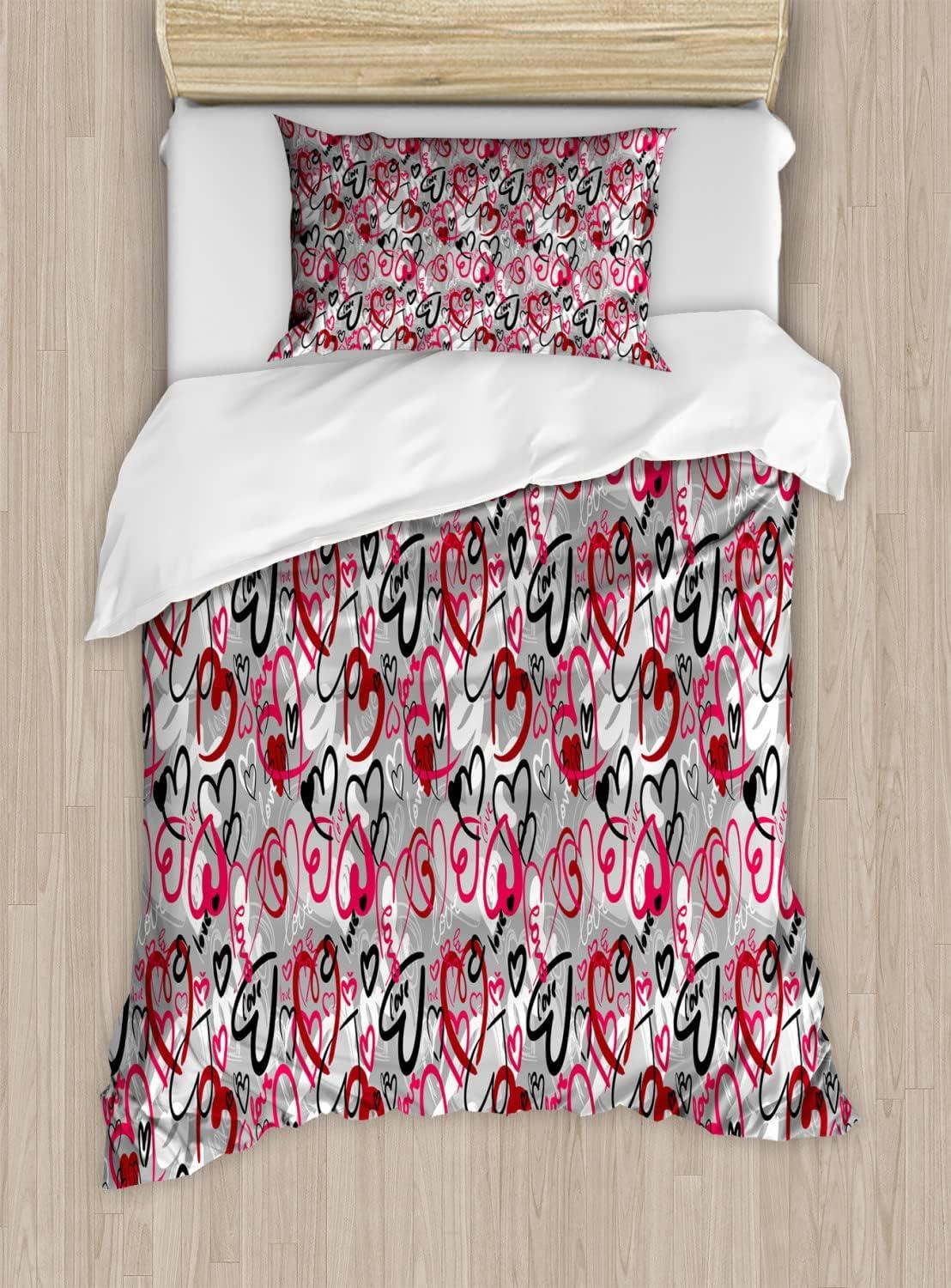 imageAmbesonne Love Duvet Cover Sets Romantic Random Hand Drawn Style Hearts and Love Words Crazy Romance Valentines Bedding Set with 2 Duvet Covers amp 4 Pillowcases 2 Pack King Size Multicolor
