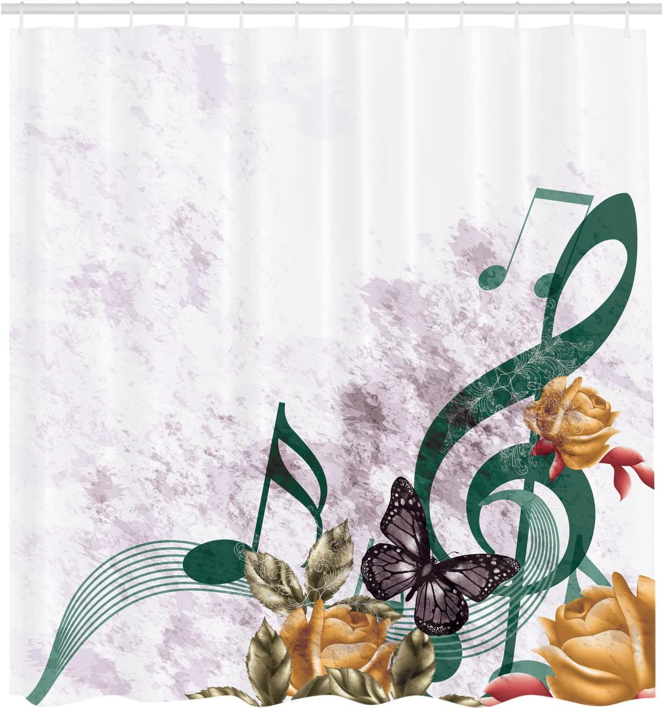 imageAmbesonne Music Shower Curtain Music Roses Romantic Antiquity Victorian Classic Bridal Floral Illustration Cloth Fabric Bathroom Decor Set with Hooks 75 Long Hunter GreenJade Green
