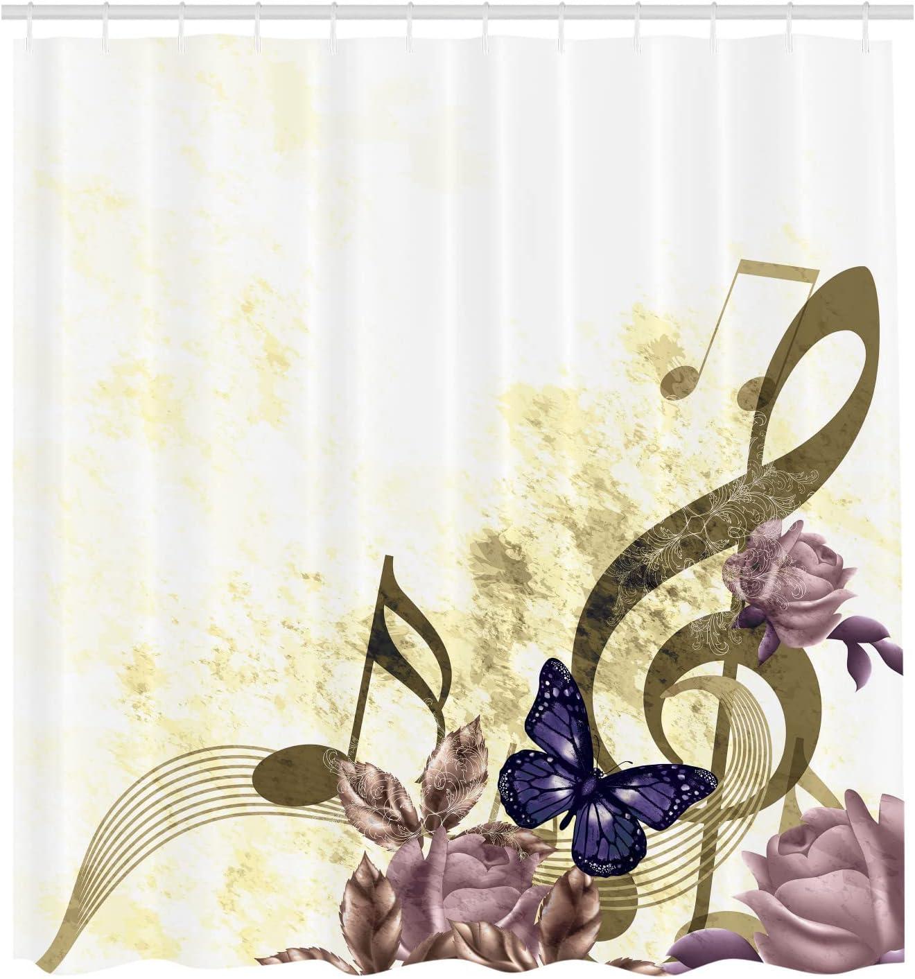 imageAmbesonne Music Shower Curtain Music Roses Romantic Antiquity Victorian Classic Bridal Floral Illustration Cloth Fabric Bathroom Decor Set with Hooks 75 Long Hunter GreenPale Yellow