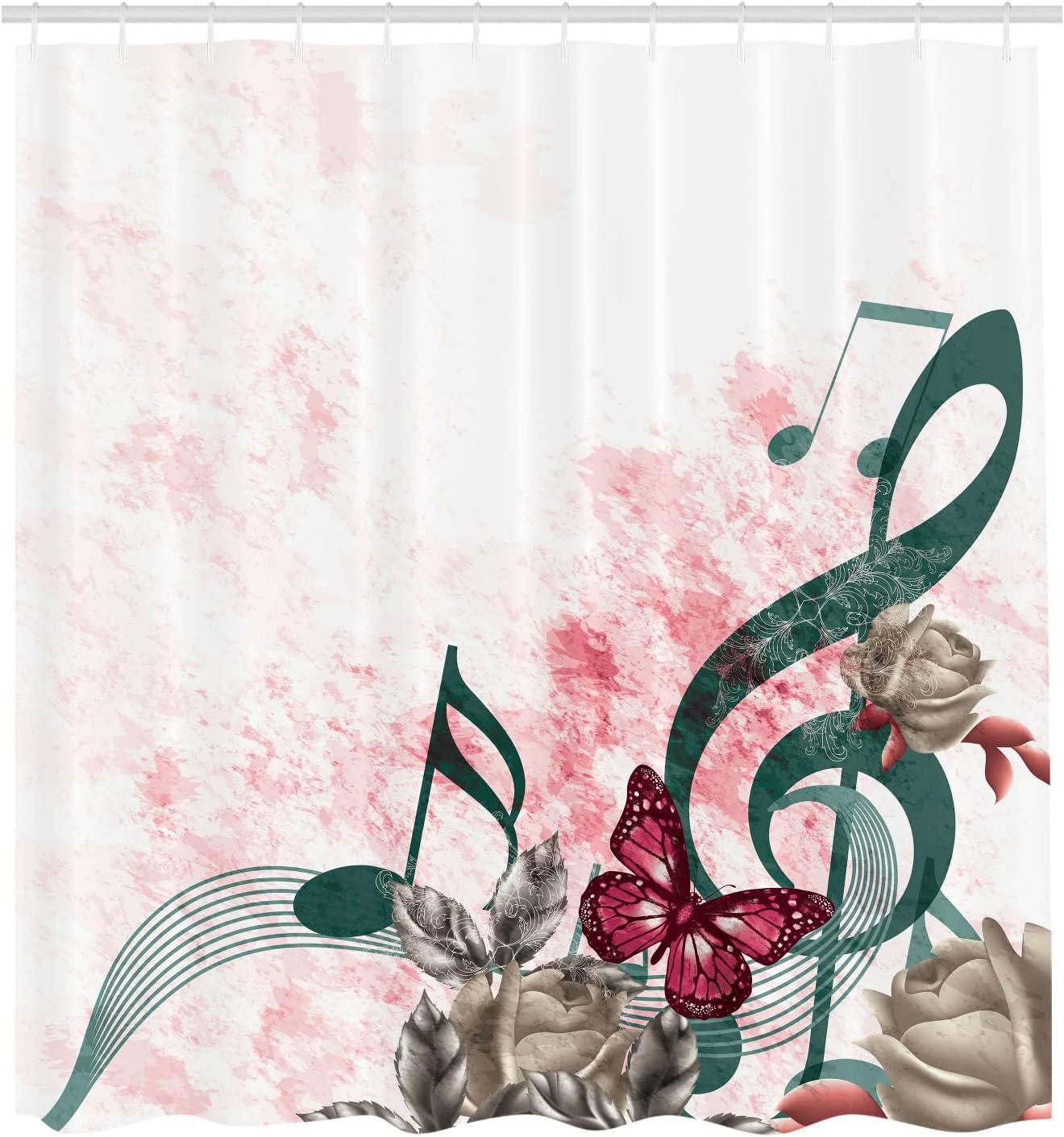 imageAmbesonne Music Shower Curtain Music Roses Romantic Antiquity Victorian Classic Bridal Floral Illustration Cloth Fabric Bathroom Decor Set with Hooks 75 Long Hunter GreenPale Pink