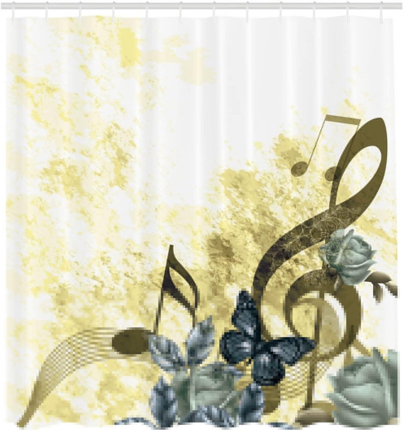 imageAmbesonne Music Shower Curtain Music Roses Romantic Antiquity Victorian Classic Bridal Floral Illustration Cloth Fabric Bathroom Decor Set with Hooks 75 Long Hunter GreenPastel Yellow