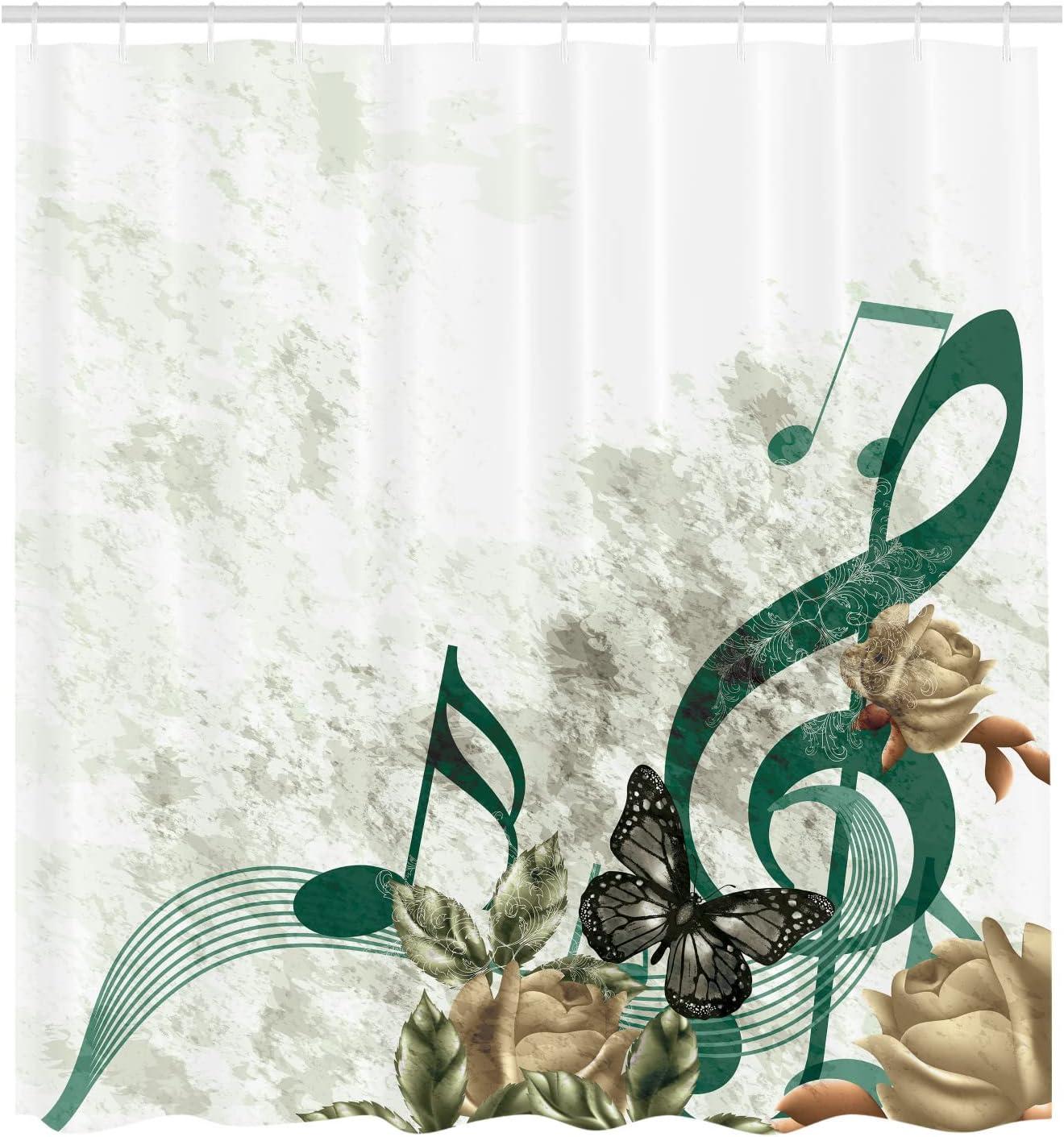 imageAmbesonne Music Shower Curtain Music Roses Romantic Antiquity Victorian Classic Bridal Floral Illustration Cloth Fabric Bathroom Decor Set with Hooks 75 Long Hunter GreenHunter Green