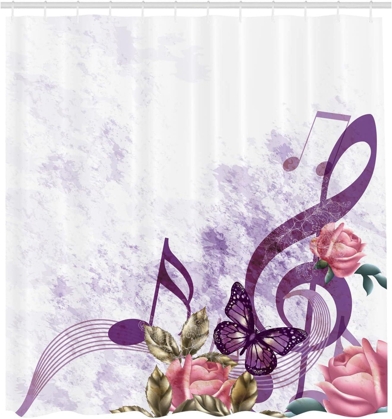 imageAmbesonne Music Shower Curtain Music Roses Romantic Antiquity Victorian Classic Bridal Floral Illustration Cloth Fabric Bathroom Decor Set with Hooks 75 Long Hunter GreenPlum Lilac