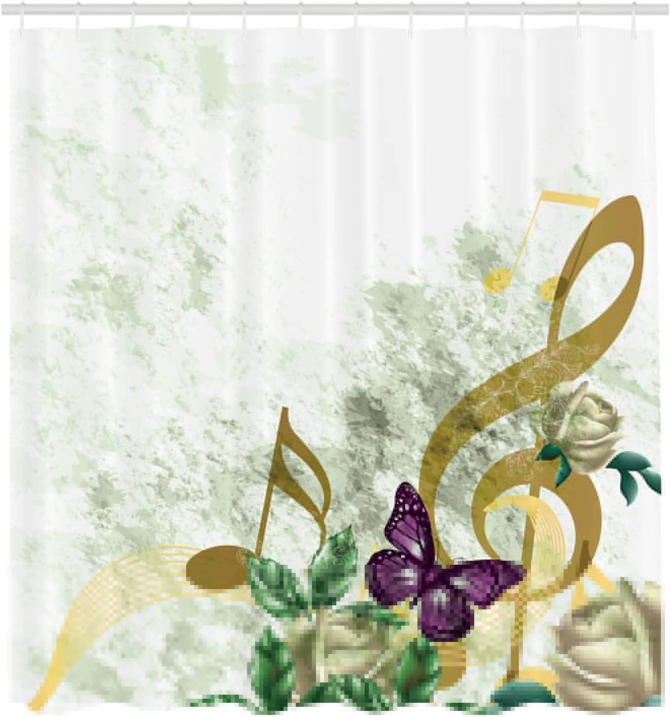 imageAmbesonne Music Shower Curtain Music Roses Romantic Antiquity Victorian Classic Bridal Floral Illustration Cloth Fabric Bathroom Decor Set with Hooks 75 Long Hunter GreenDark Khaki