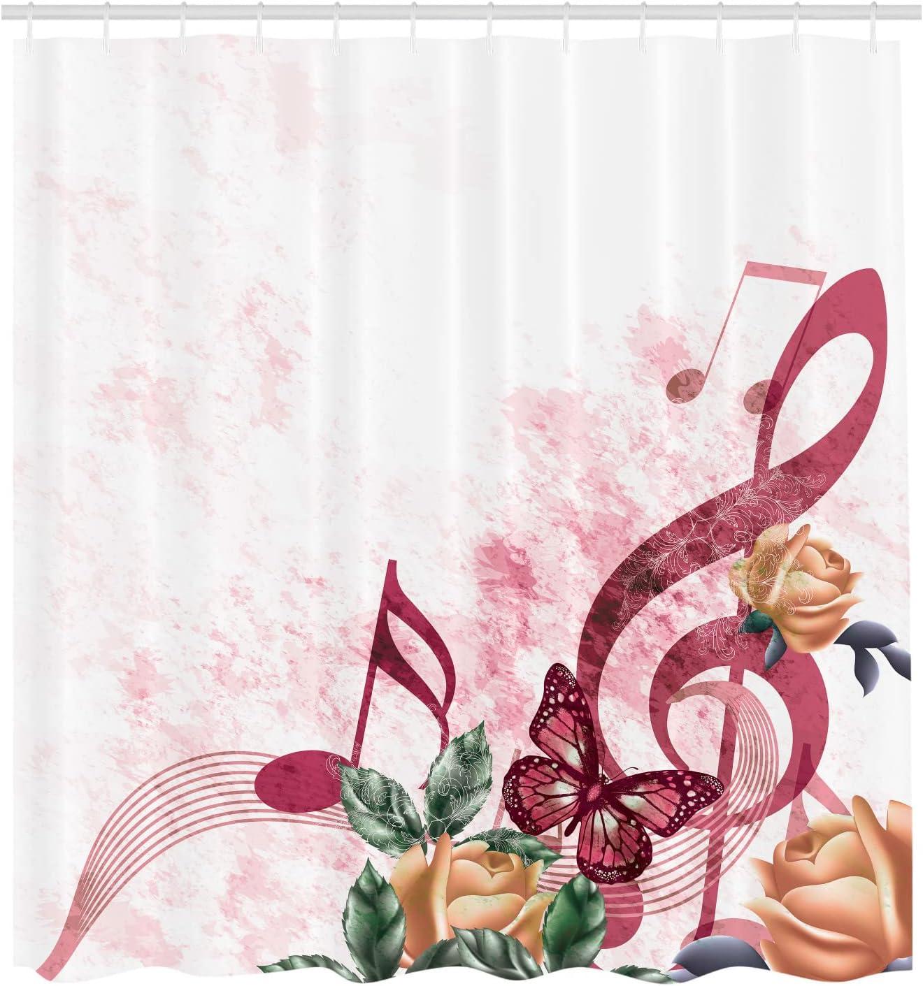 imageAmbesonne Music Shower Curtain Music Roses Romantic Antiquity Victorian Classic Bridal Floral Illustration Cloth Fabric Bathroom Decor Set with Hooks 75 Long Hunter GreenPale Fuchsia