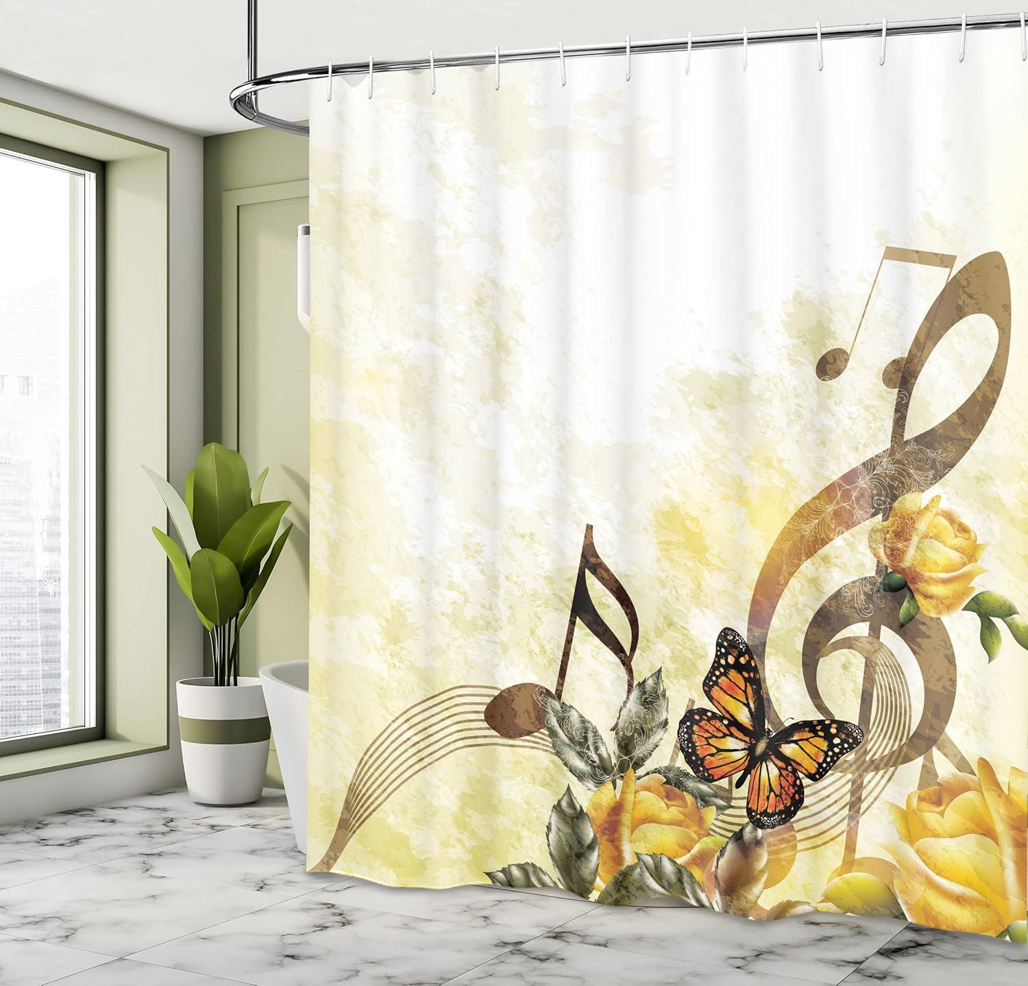 imageAmbesonne Music Shower Curtain Music Roses Romantic Antiquity Victorian Classic Bridal Floral Illustration Cloth Fabric Bathroom Decor Set with Hooks 69 W x 70 L Sepia and Yellow