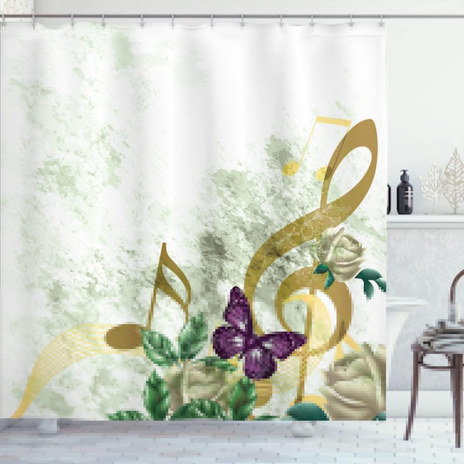 imageAmbesonne Music Shower Curtain Music Roses Romantic Antiquity Victorian Classic Bridal Floral Illustration Cloth Fabric Bathroom Decor Set with Hooks 75 Long Hunter GreenDark Khaki
