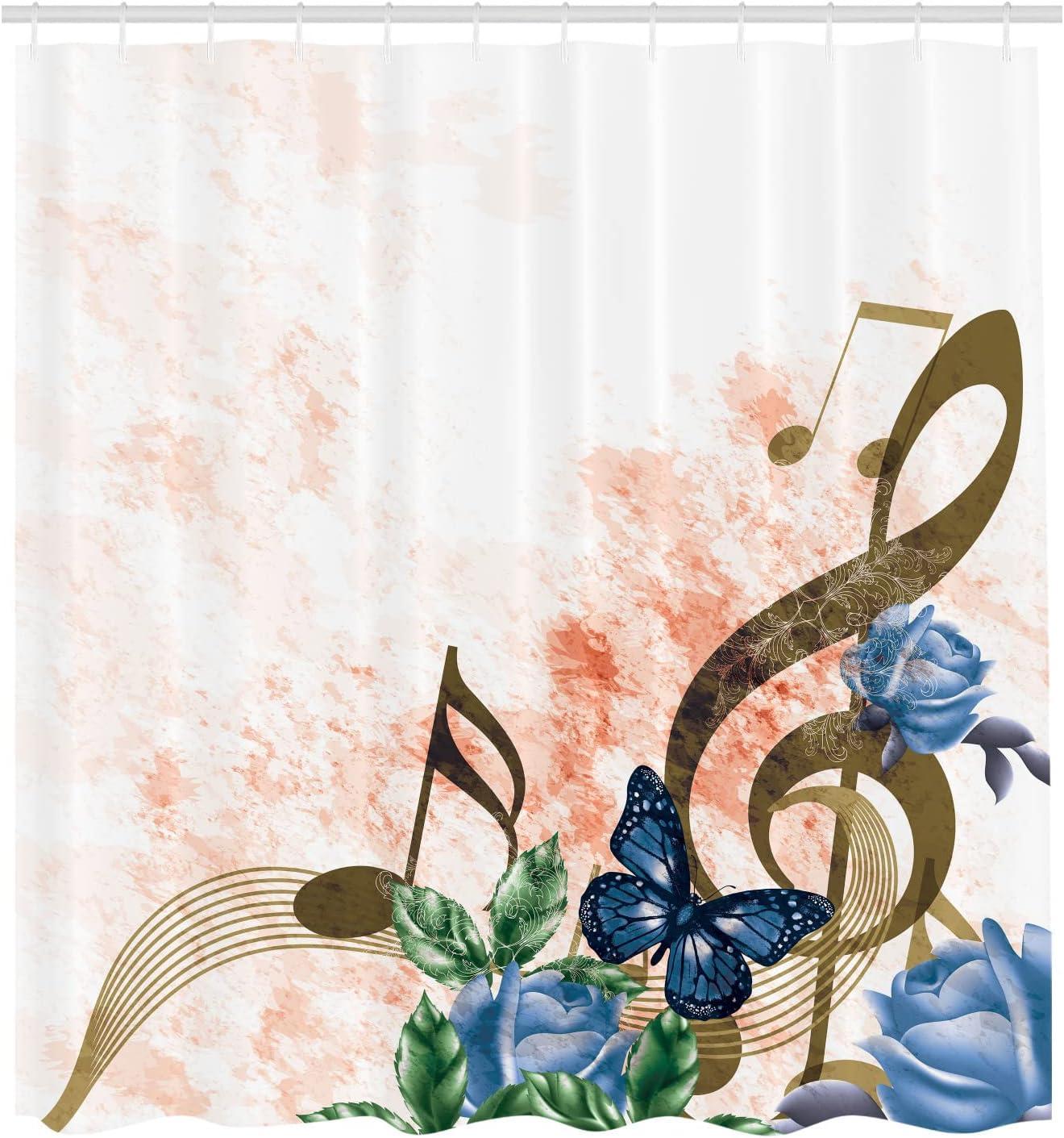 imageAmbesonne Music Shower Curtain Music Roses Romantic Antiquity Victorian Classic Bridal Floral Illustration Cloth Fabric Bathroom Decor Set with Hooks 75 Long Hunter GreenSalmon