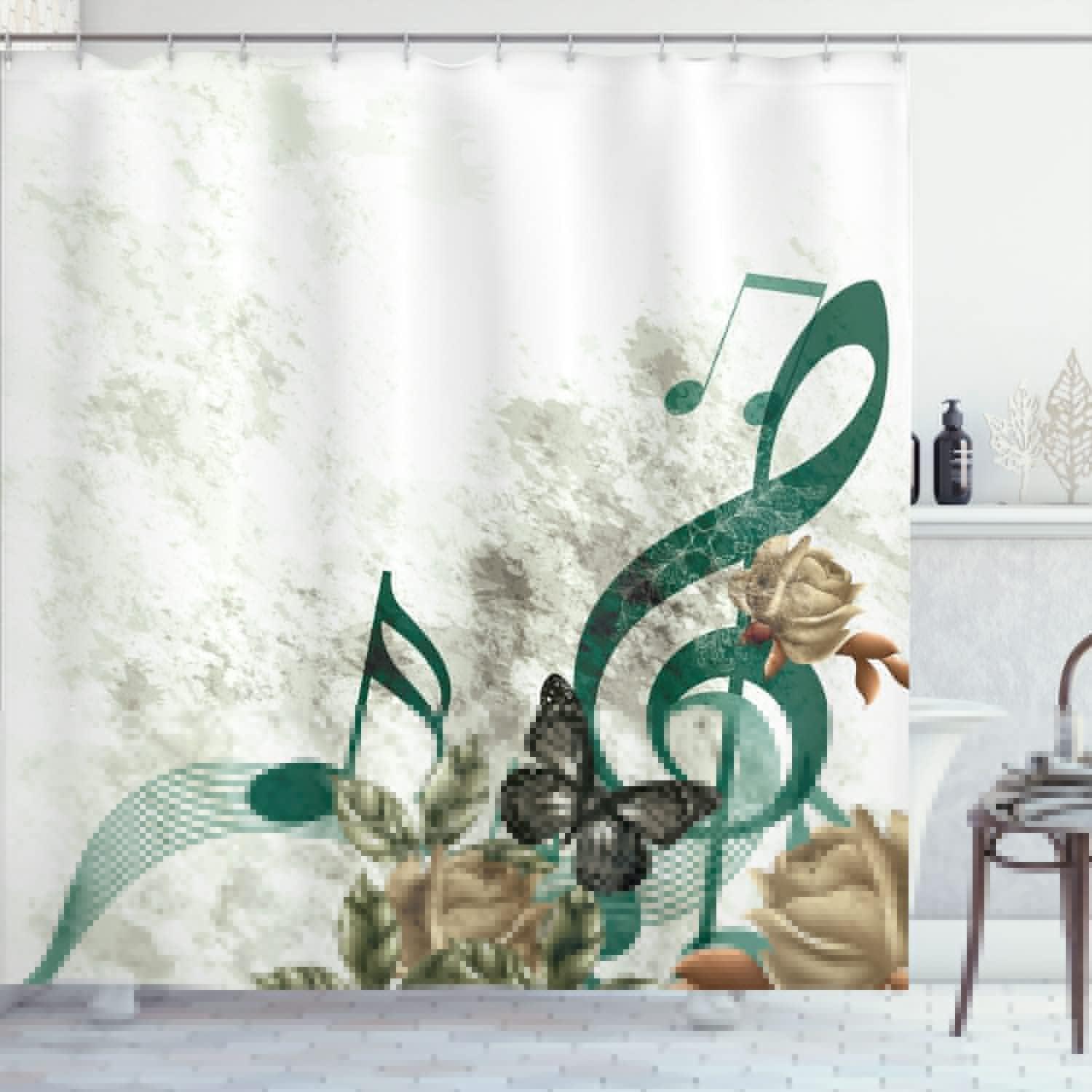 imageAmbesonne Music Shower Curtain Music Roses Romantic Antiquity Victorian Classic Bridal Floral Illustration Cloth Fabric Bathroom Decor Set with Hooks 75 Long Hunter GreenHunter Green