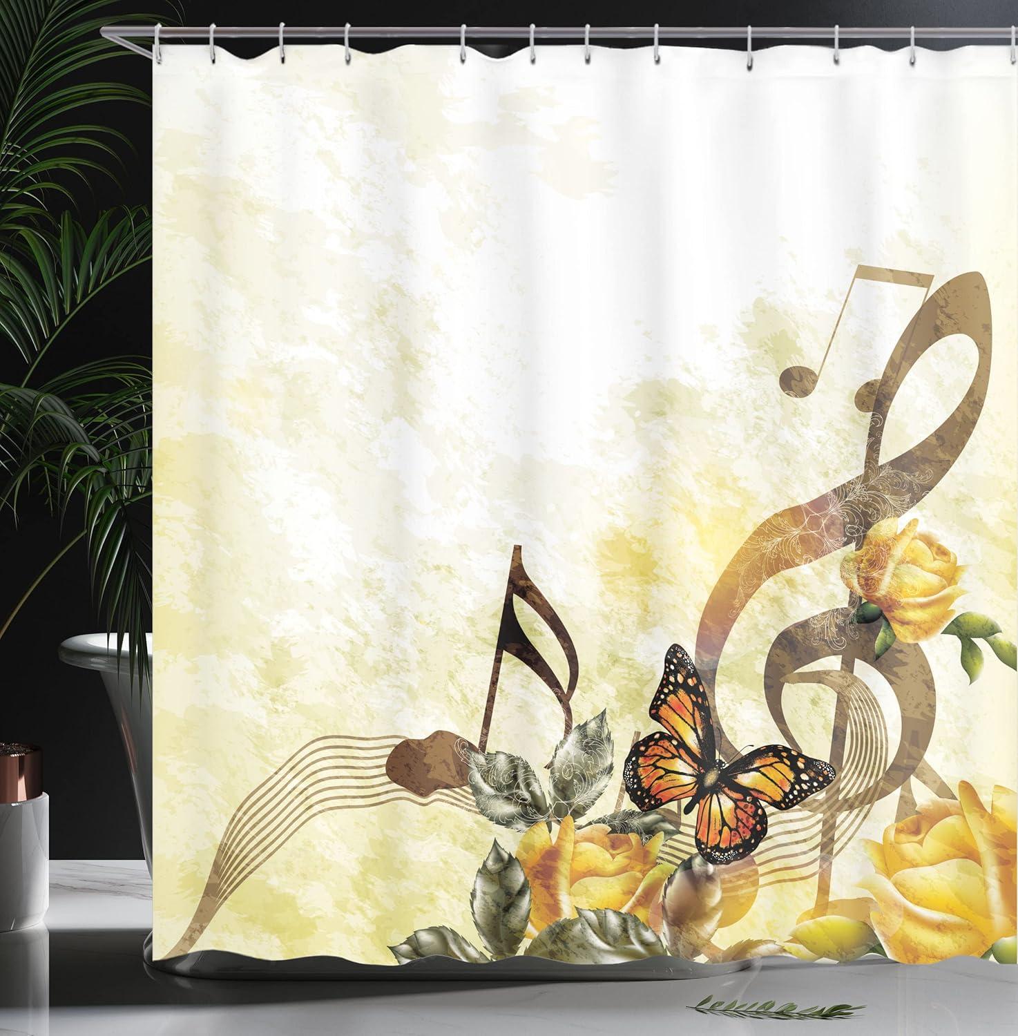 imageAmbesonne Music Shower Curtain Music Roses of Romantic Antiquity Victorian Style of Classic with Bridal and Floral Design Cloth Fabric Bathroom Decor Set with Hooks 69 W x 84 L Sepia and Yellow