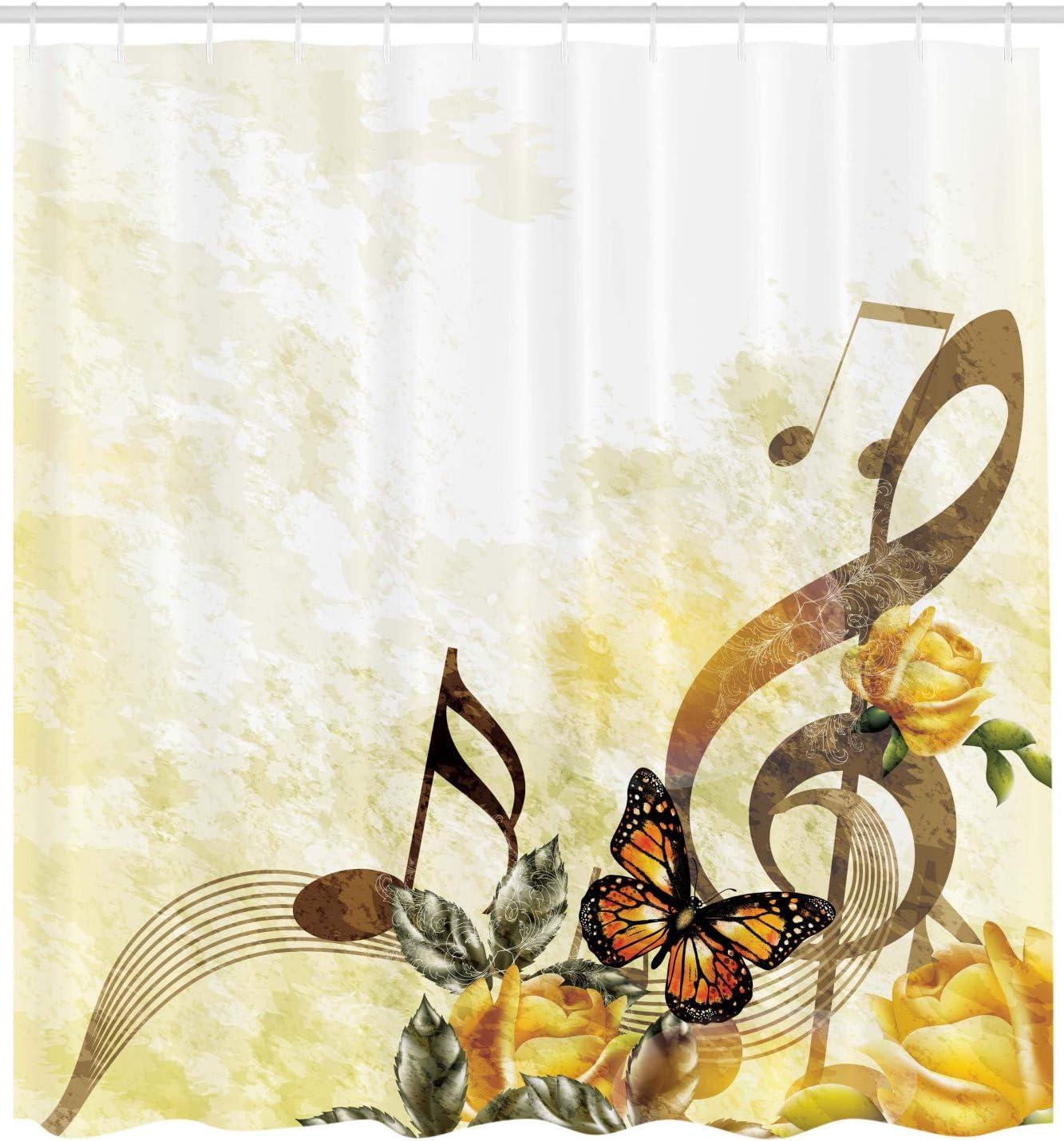 imageAmbesonne Music Shower Curtain Music Roses of Romantic Antiquity Victorian Style of Classic with Bridal and Floral Design Cloth Fabric Bathroom Decor Set with Hooks 69 W x 84 L Sepia and Yellow