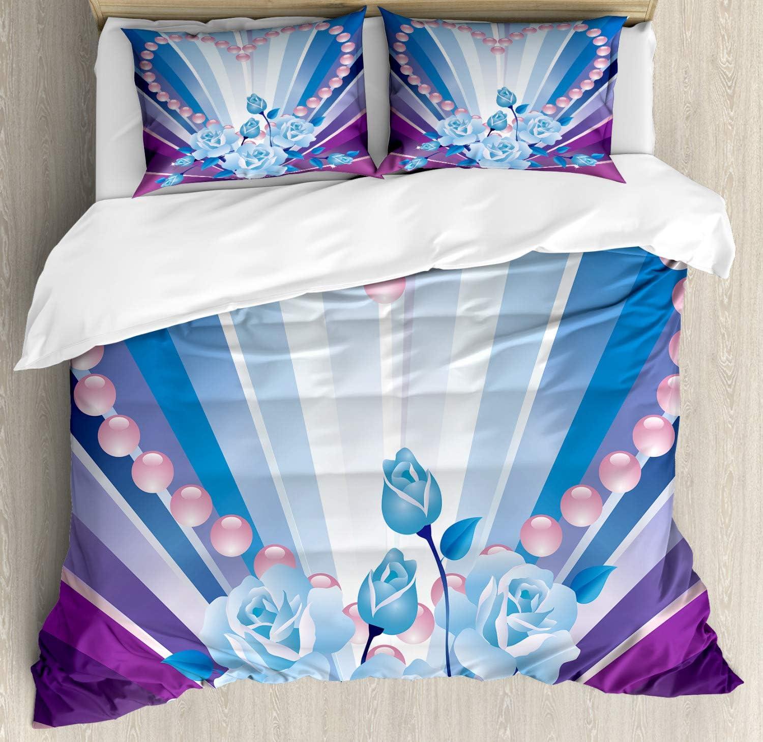 imageAmbesonne Pearls Duvet Cover Set Valentines Day Theme Artwork Roses Heart on Striped Bridal Backdrop Decorative 3 Piece Bedding Set with 2 Pillow Shams California King Blue Purple PinkBlue Purple Pink