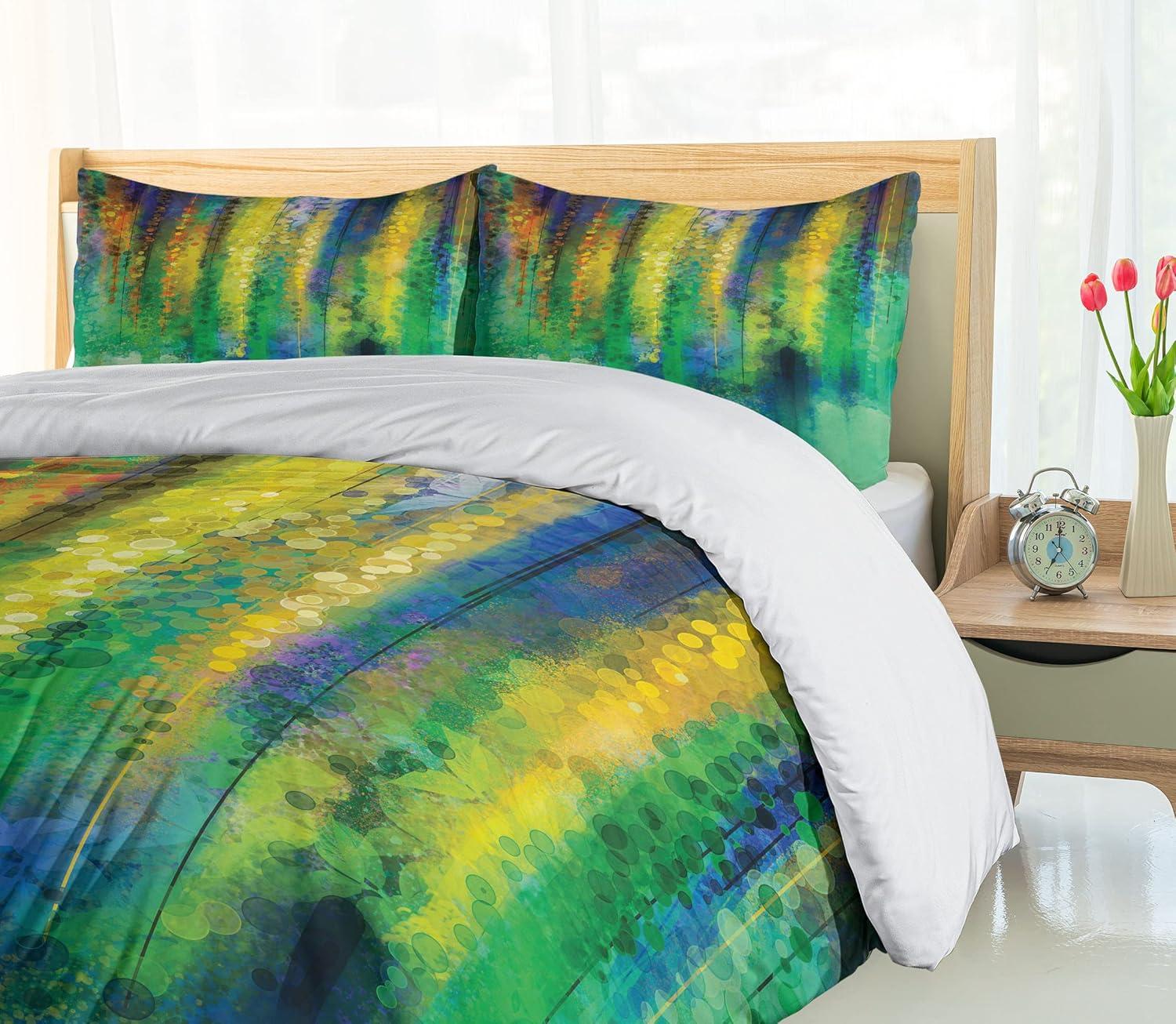 imageAmbesonne Pearls Duvet Cover Set Valentines Day Theme Artwork Roses Heart on Striped Bridal Backdrop Decorative 3 Piece Bedding Set with 2 Pillow Shams California King Blue Purple PinkGreen Yellow