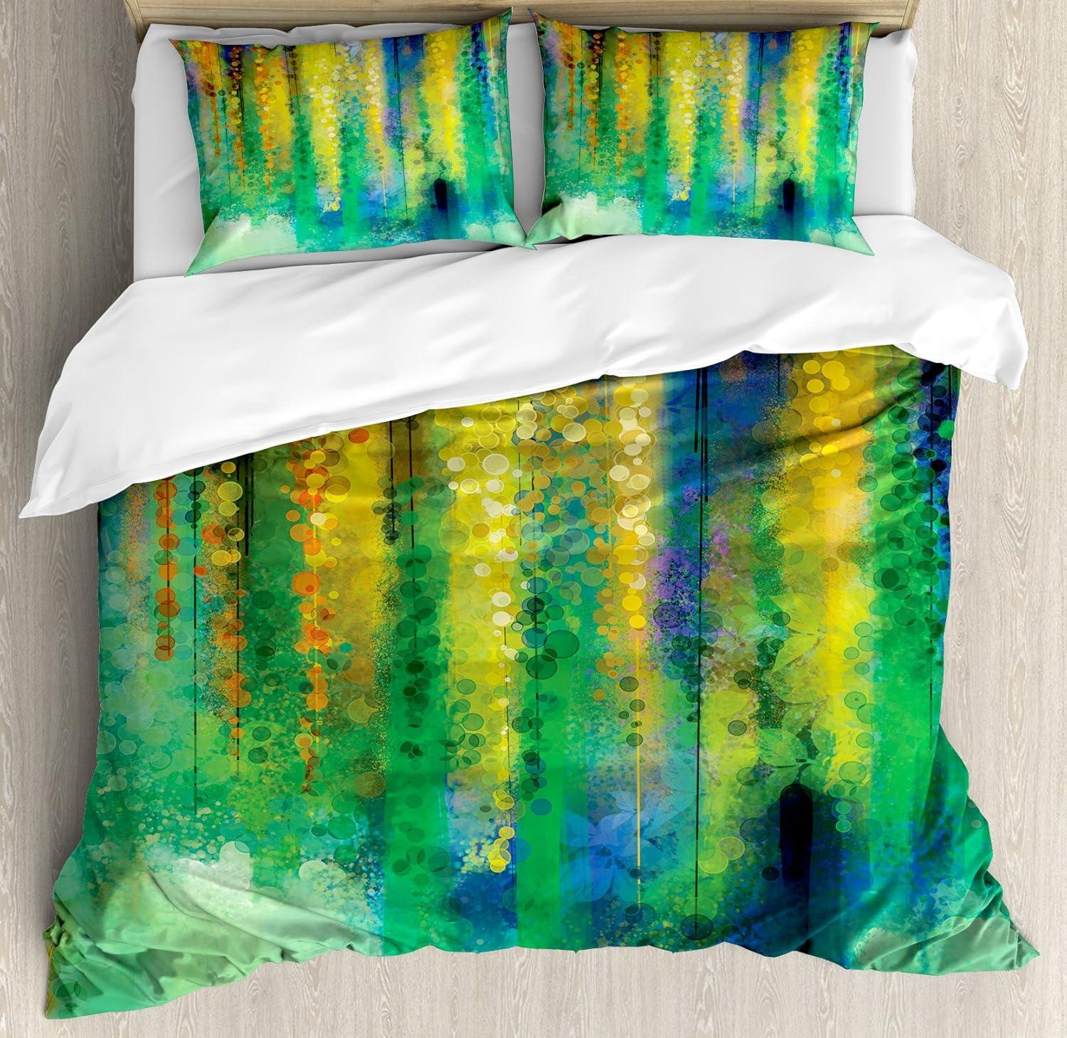 imageAmbesonne Pearls Duvet Cover Set Valentines Day Theme Artwork Roses Heart on Striped Bridal Backdrop Decorative 3 Piece Bedding Set with 2 Pillow Shams California King Blue Purple PinkGreen Yellow
