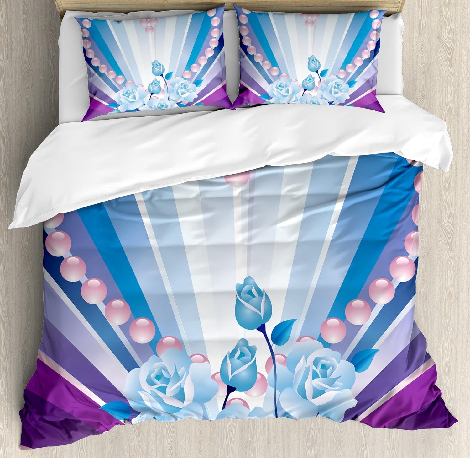 imageAmbesonne Pearls Duvet Cover Set Valentines Day Theme Artwork Roses Heart on Striped Bridal Backdrop Decorative 3 Piece Bedding Set with 2 Pillow Shams California King Blue Purple PinkBlue Purple Pink