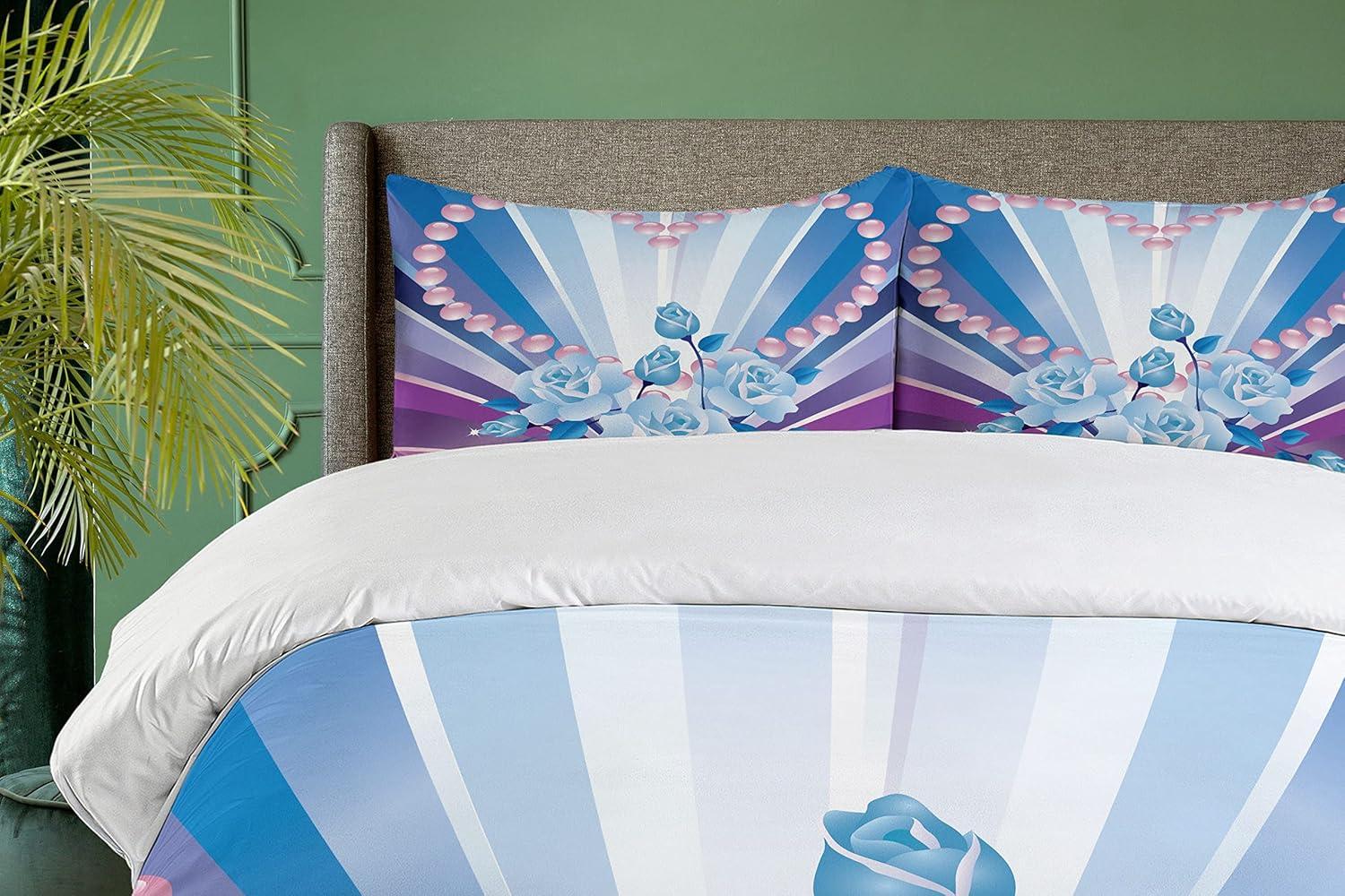 imageAmbesonne Pearls Duvet Cover Set Valentines Day Theme Artwork Roses Heart on Striped Bridal Backdrop Decorative 3 Piece Bedding Set with 2 Pillow Shams California King Blue Purple PinkBlue Purple Pink
