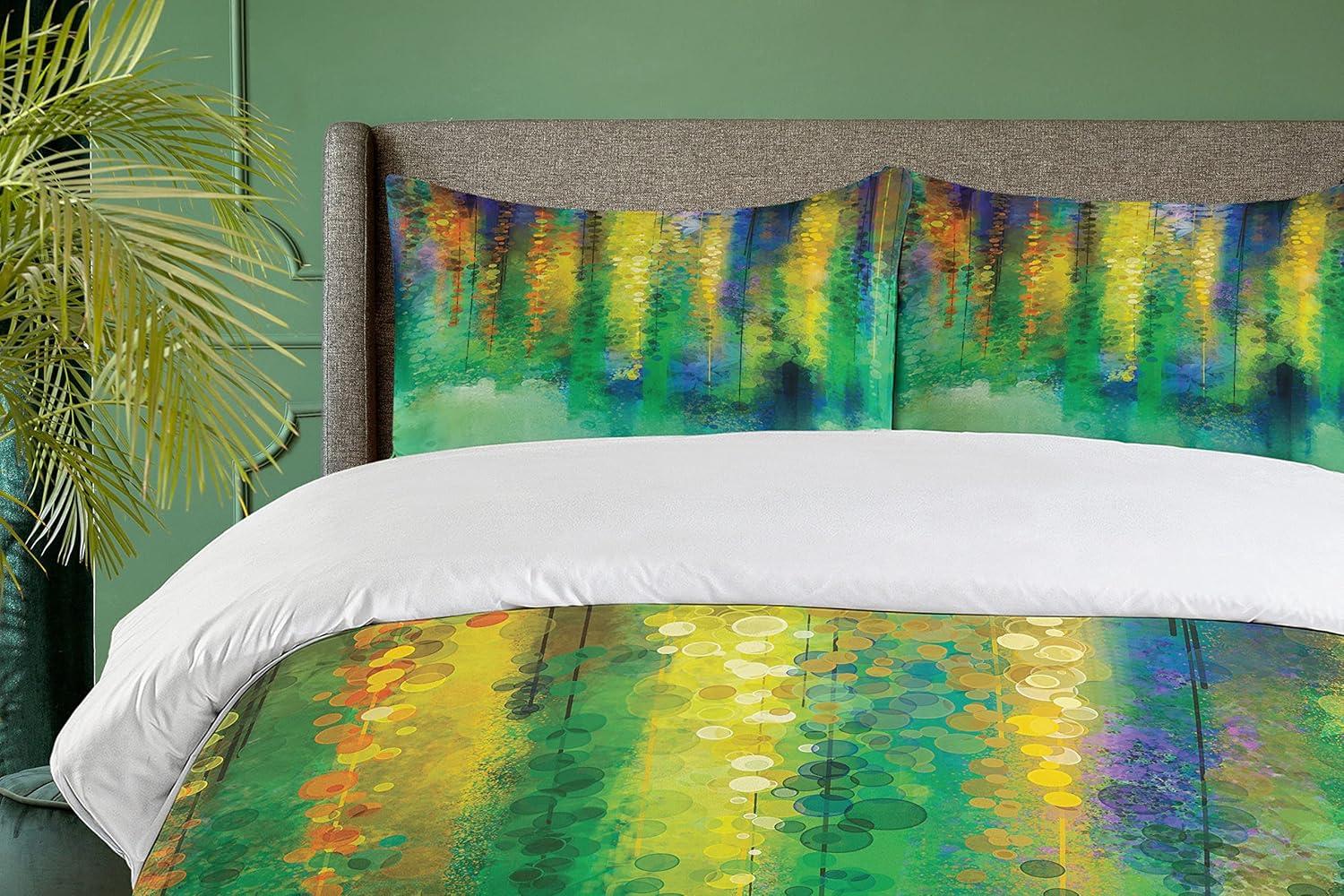 imageAmbesonne Pearls Duvet Cover Set Valentines Day Theme Artwork Roses Heart on Striped Bridal Backdrop Decorative 3 Piece Bedding Set with 2 Pillow Shams California King Blue Purple PinkGreen Yellow