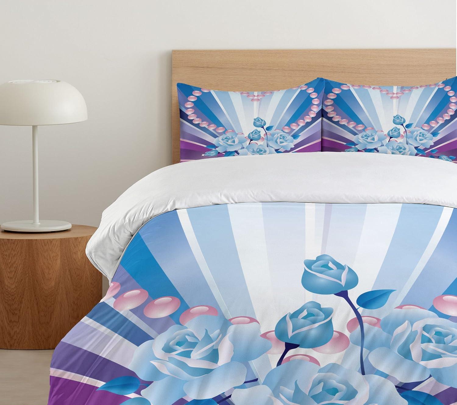 imageAmbesonne Pearls Duvet Cover Set Valentines Day Theme Artwork Roses Heart on Striped Bridal Backdrop Decorative 3 Piece Bedding Set with 2 Pillow Shams California King Blue Purple PinkBlue Purple Pink