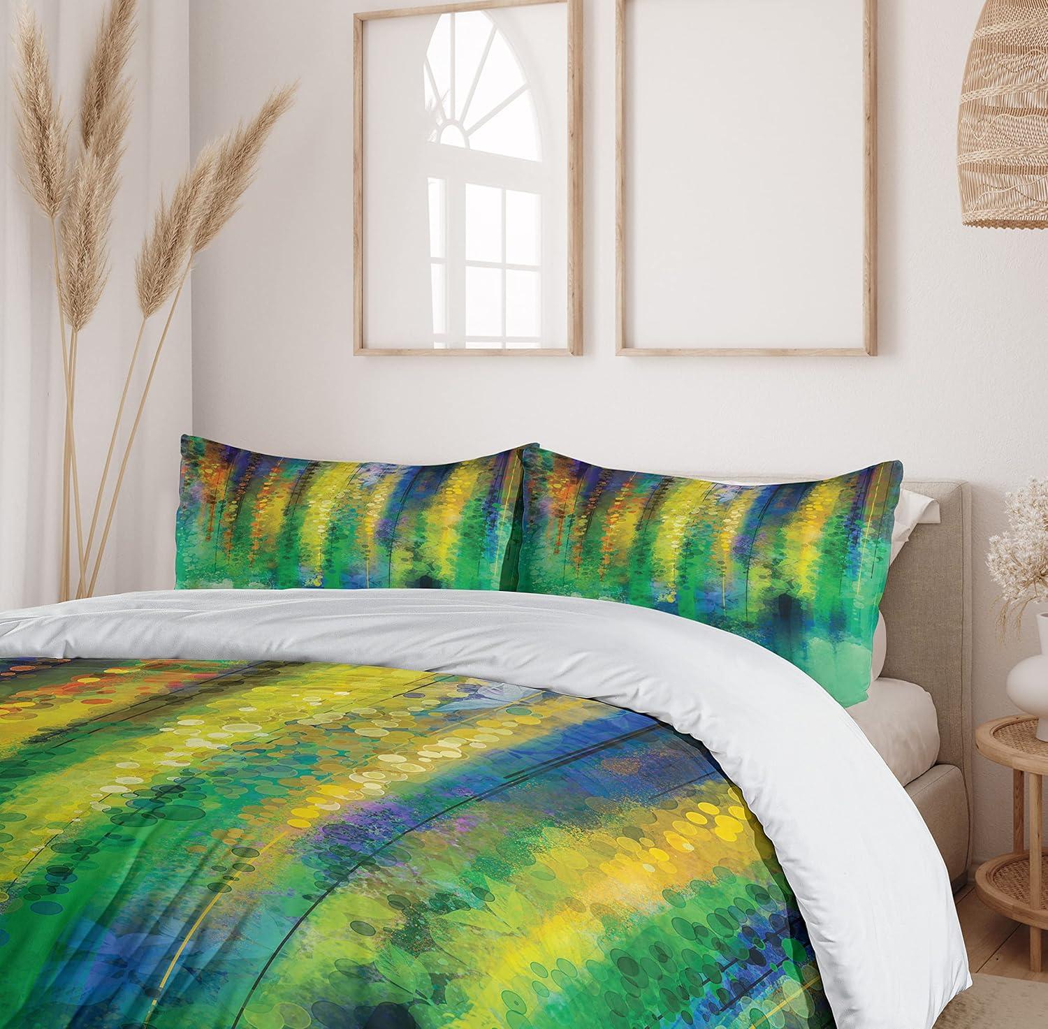 imageAmbesonne Pearls Duvet Cover Set Valentines Day Theme Artwork Roses Heart on Striped Bridal Backdrop Decorative 3 Piece Bedding Set with 2 Pillow Shams California King Blue Purple PinkGreen Yellow
