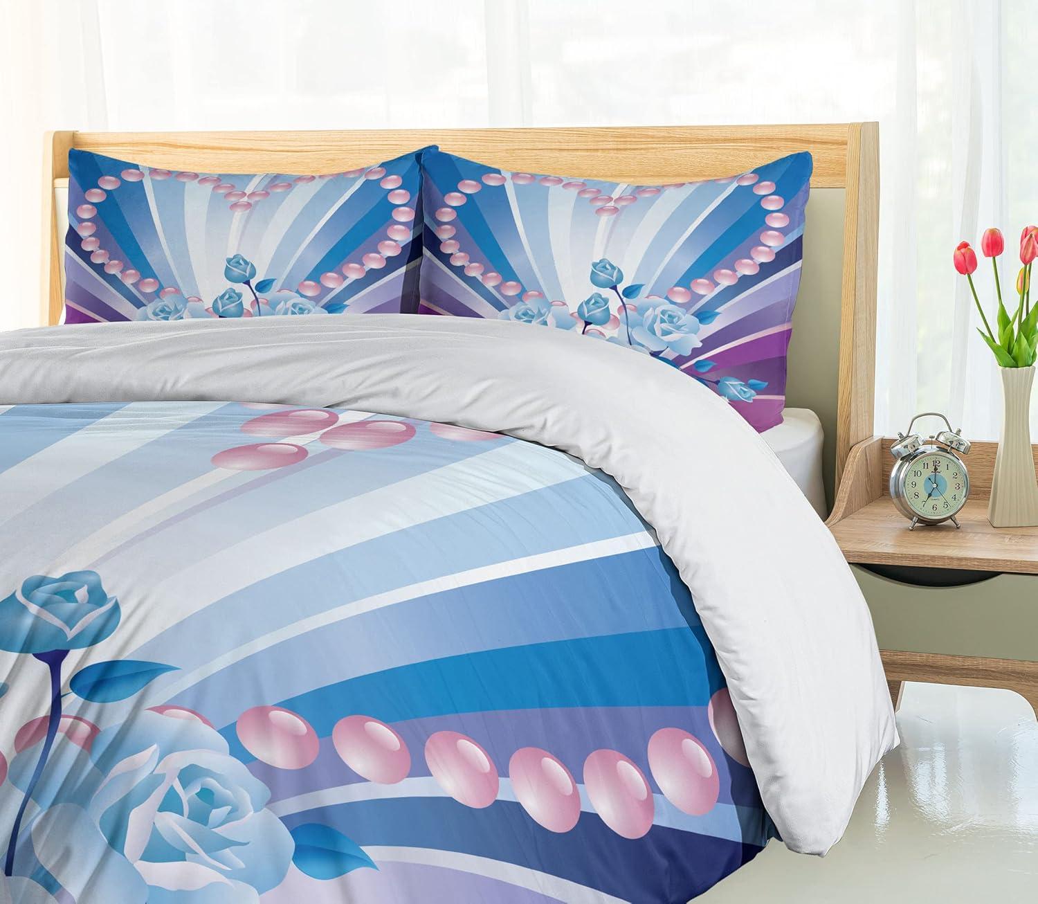 imageAmbesonne Pearls Duvet Cover Set Valentines Day Theme Artwork Roses Heart on Striped Bridal Backdrop Decorative 3 Piece Bedding Set with 2 Pillow Shams California King Blue Purple PinkBlue Purple Pink