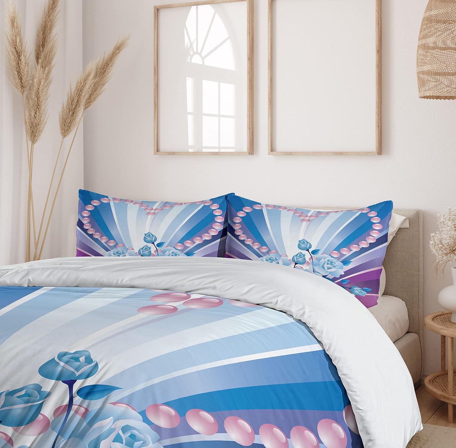 imageAmbesonne Pearls Duvet Cover Set Valentines Day Theme Artwork Roses Heart on Striped Bridal Backdrop Decorative 3 Piece Bedding Set with 2 Pillow Shams California King Blue Purple PinkBlue Purple Pink