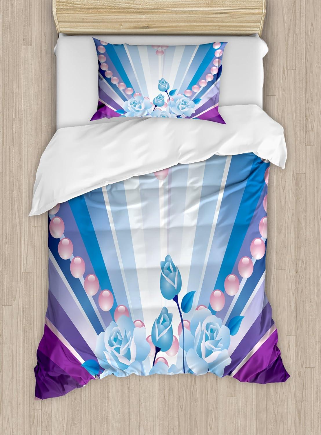 imageAmbesonne Pearls Duvet Cover Set Valentines Day Theme Artwork Roses Heart on Striped Bridal Backdrop Decorative 3 Piece Bedding Set with 2 Pillow Shams California King Blue Purple PinkBlue Purple Pink