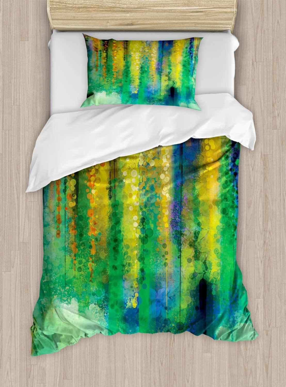 imageAmbesonne Pearls Duvet Cover Set Valentines Day Theme Artwork Roses Heart on Striped Bridal Backdrop Decorative 3 Piece Bedding Set with 2 Pillow Shams California King Blue Purple PinkGreen Yellow