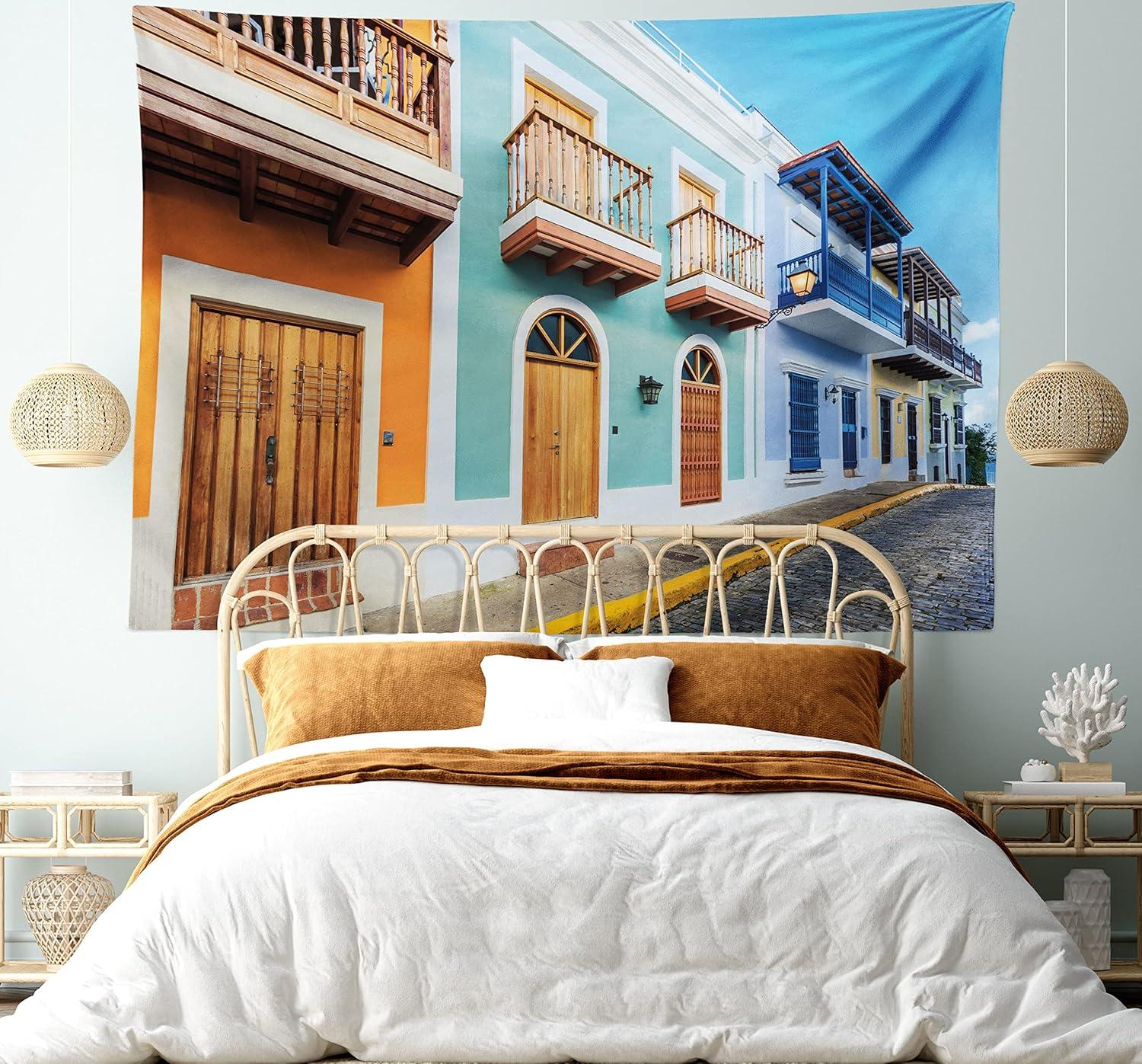 imageAmbesonne Puerto Rico Tapestry Street in Old San Juan with Colorful Houses by The Sea Caribbean Architecture Wide Wall Hanging for Bedroom Living Room Dorm 60 X 40 Turquoise